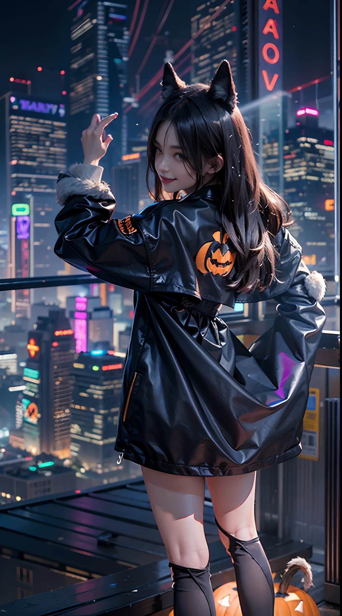 facing back, tail, Halloween, natta, Wolf Costume, Cityscape with neon signs, Smiling smile, (NSFW), 1womanl, 独奏, 24 year old, 7headed body, (Ideal ratio body proportions), (Composition from head to thigh), erectile nipple, Sexy body, Wet, short-hair, Dark hair, small tits, A slender, Small buttocks, beauty legs, Skinny Legs, surrealism, Cinematic lighting, depth of fields, One-person viewpoint, F/1.8, 135 mm, nffsw, masutepiece, ccurate, ((Anatomically correct)), Textured skin, Super Detail, high details, High quality, awardwinning, Best Quality, hight resolution, 8K