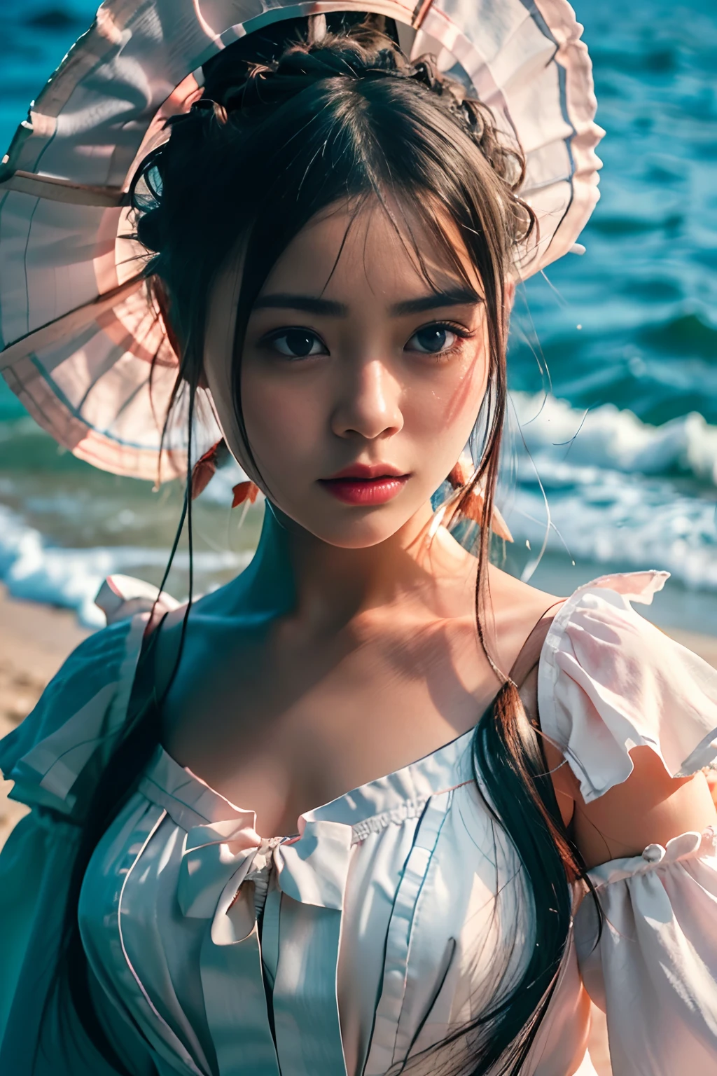 Best Quality, ultra hi res, photoreaslistic, fullnude、a photography of a beautiful woman, Teens in their 30s, Detailed face, Black nasty fishtail blade, (detailed porcelain doll,delicate clothes with a lot of frills and ribbons), Beach, (close up of face), Seductive look, Looking at Viewer