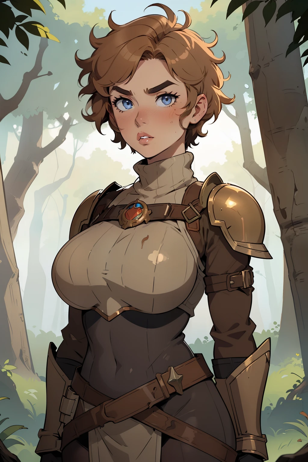 Solo, female, (((short hair, messy hair, stubby eyebrows))), bronze armor, tan tunic, tan skin, ginger hair, ginger eyes, wide eyes, nervous, scared, thick lips, lipstick, forest, big breasts, turtleneck, bronze chestpiece, bronze shoulderpads, pale blue eyes