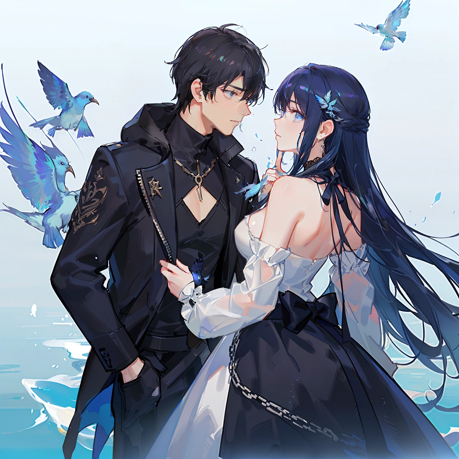 A girl and a boy are facing each other, both with dark hair and some blue mixed in. There is a bird on their shoulders.