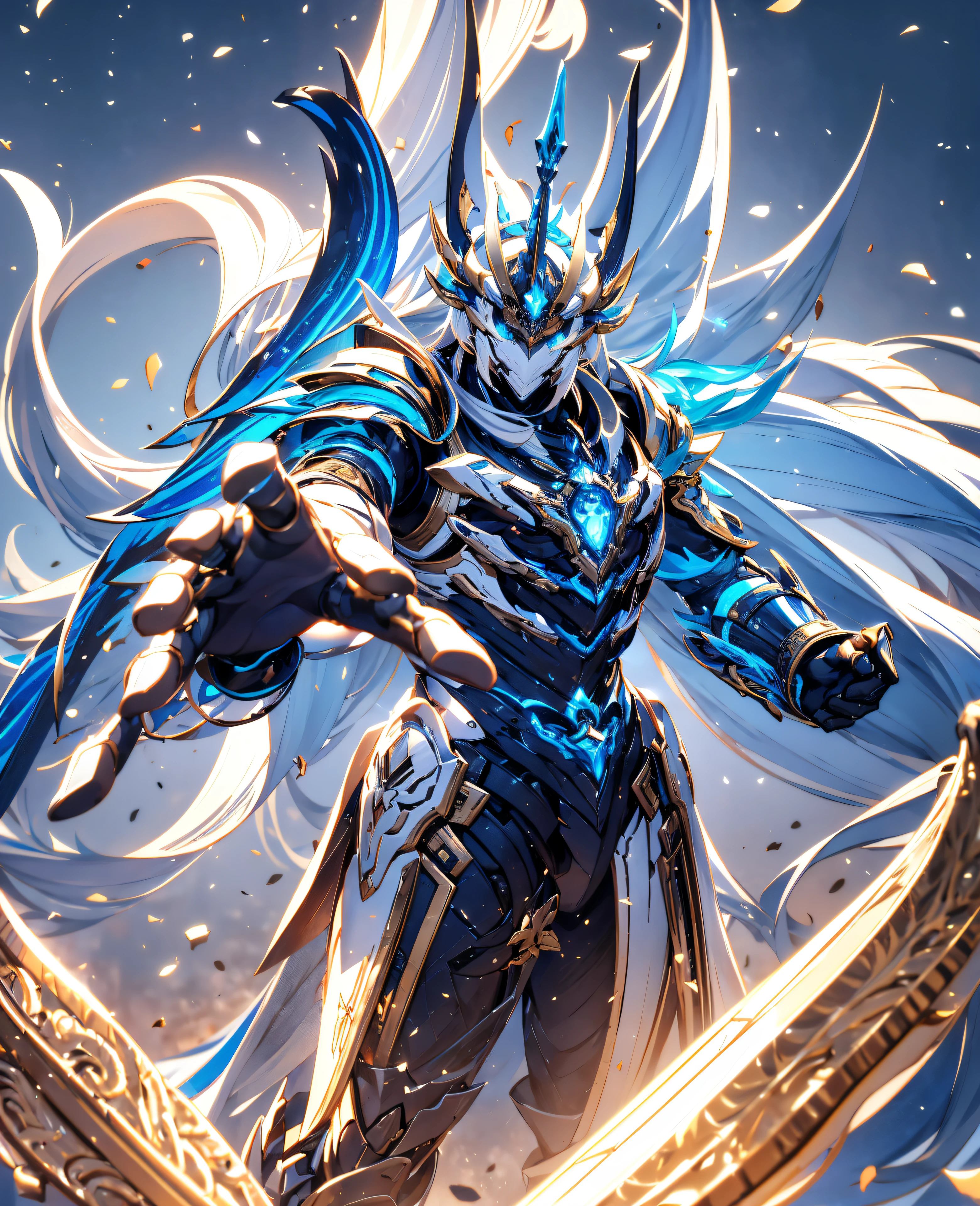 Futuristic tech style,Blue and white mech，All surrounded by particle dragons，With a spear，in a fighting stance，（《Romance of the Three Kingdoms》，《zhao yun》，Full body mecha,Fighting posture）, Keqing from Genshin Impact, (Masterpiece) ， The best quality， High quality，Gold armor，电影灯光， （Exquisite future）， Beautiful and beautiful， Ultra detailed， great composition， Floating， Depth of field， （Very detailed CG，Unity 8k壁纸）， （Beautiful detail background）， dramatic lights， GOGETTA， Mecha，best qualtiy，超高分辨率，Vivid Wait for it to begin