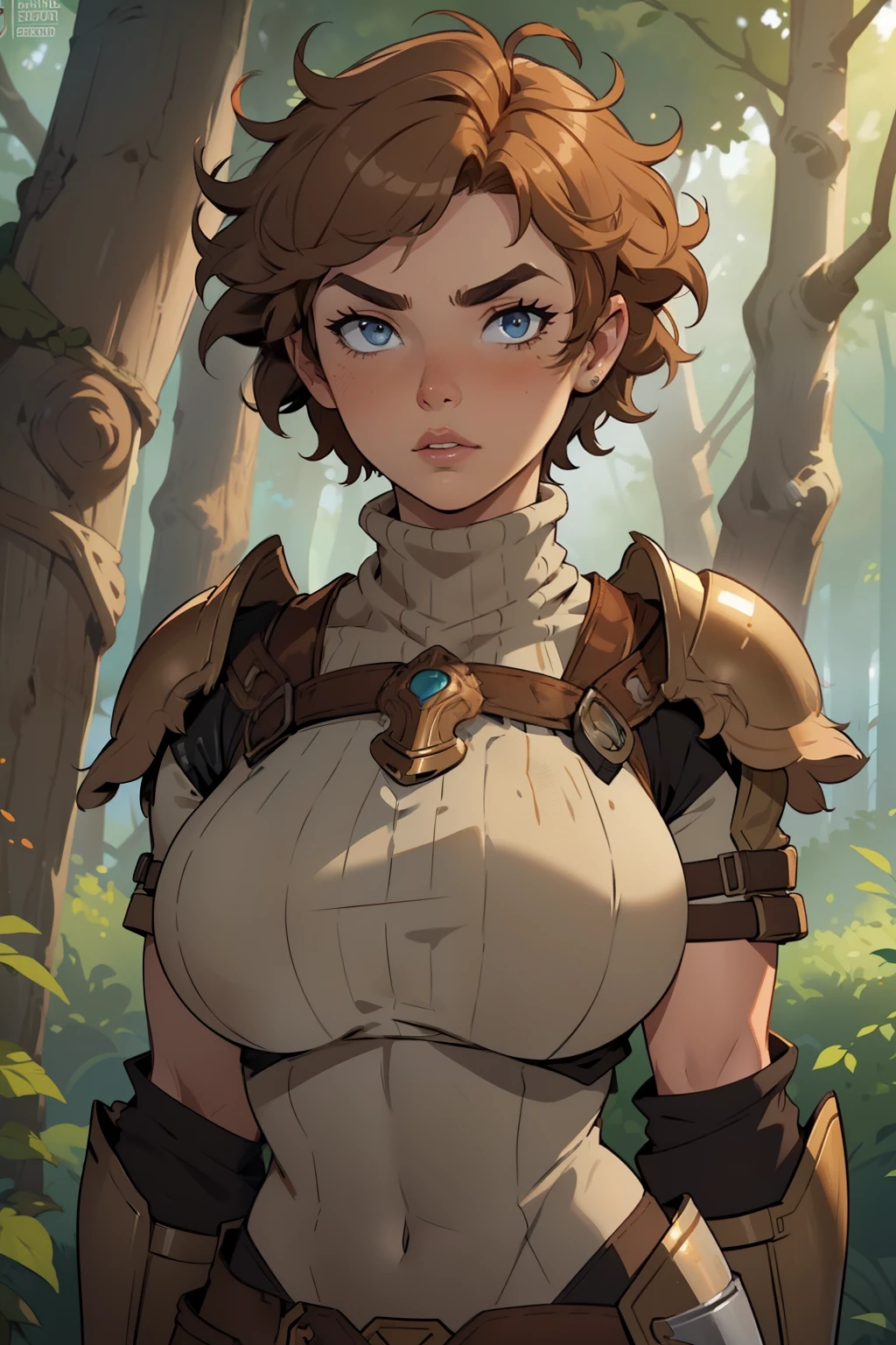Solo, female, (((short hair, messy hair, stubby eyebrows))), bronze armor, tan tunic, tan skin, ginger hair, ginger eyes, wide eyes, nervous, scared, thick lips, lipstick, forest, big breasts, turtleneck, bronze chestpiece, bronze shoulderpads, pale blue eyes