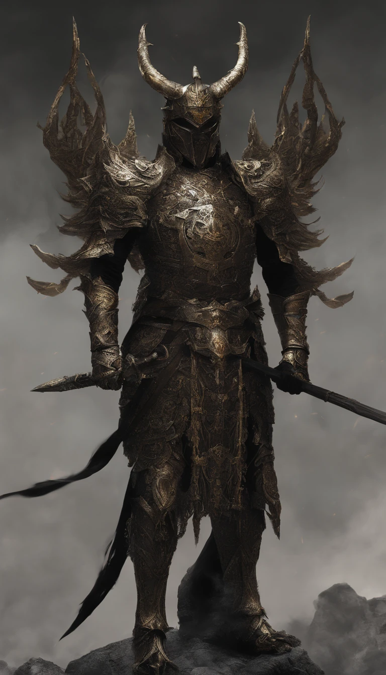 warrior, concept-art, author：Kishiganku, Fantasy art, battleground background, clean render, a horned, Wear a suit of armor, Detailed bushido form smoke, helmet of a forgotten deity, character is standing, 8k Realistic, in game render, detailed face background detail, Art station front page, taur, Pseudo-medieval fantasy, A deity wearing koi armor, detailed bronze armor, Bronze armor, golden etched armor, gold obsidian armor, Light gold armor, Gorgeous filigree armor, A demonic warrior, Gorgeous armor full of thorns, Intricate assasin armor, Intricate metal armor, powerful warrior, Dressed in gorgeous gold armor，Decorated with intricate patterns, The helmet has a large crown and two horns,Glowing red eyes， Everything is in the dark, The smoky background hints at battle scenes, Add an ominous aura to his character，submission, Full body shot.