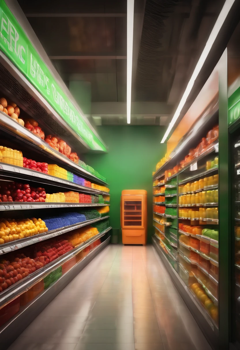 Ultra-realistic image of a color supermarket department store room with a computer and the words "live"