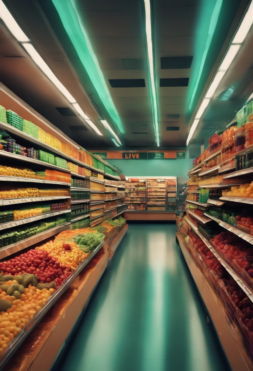 Ultra-realistic image of a color supermarket department store room with a computer and the words "live"