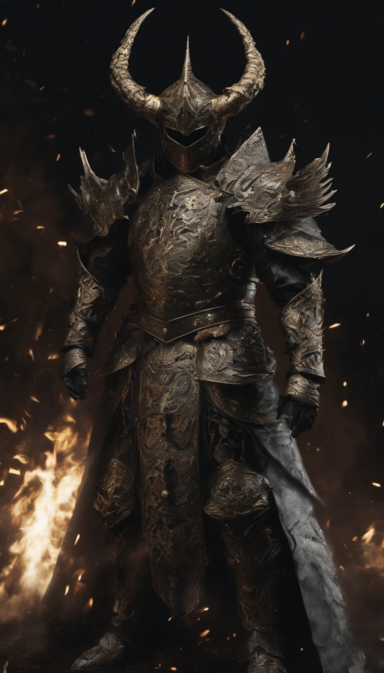 warrior, concept-art, author：Kishiganku, Fantasy art, battleground background, clean render, a horned, Wear a suit of armor, Detailed bushido form smoke, helmet of a forgotten deity, character is standing, 8k Realistic, in game render, detailed face background detail, Art station front page, taur, Pseudo-medieval fantasy, A deity wearing koi armor, detailed bronze armor, Bronze armor, golden etched armor, gold obsidian armor, Light gold armor, Gorgeous filigree armor, A demonic warrior, Gorgeous armor full of thorns, Intricate assasin armor, Intricate metal armor, powerful warrior, Dressed in gorgeous gold armor，Decorated with intricate patterns, The helmet has a large crown and two horns,Glowing red eyes， Everything is in the dark, The smoky background hints at battle scenes, Add an ominous aura to his character，submission, Full body shot.