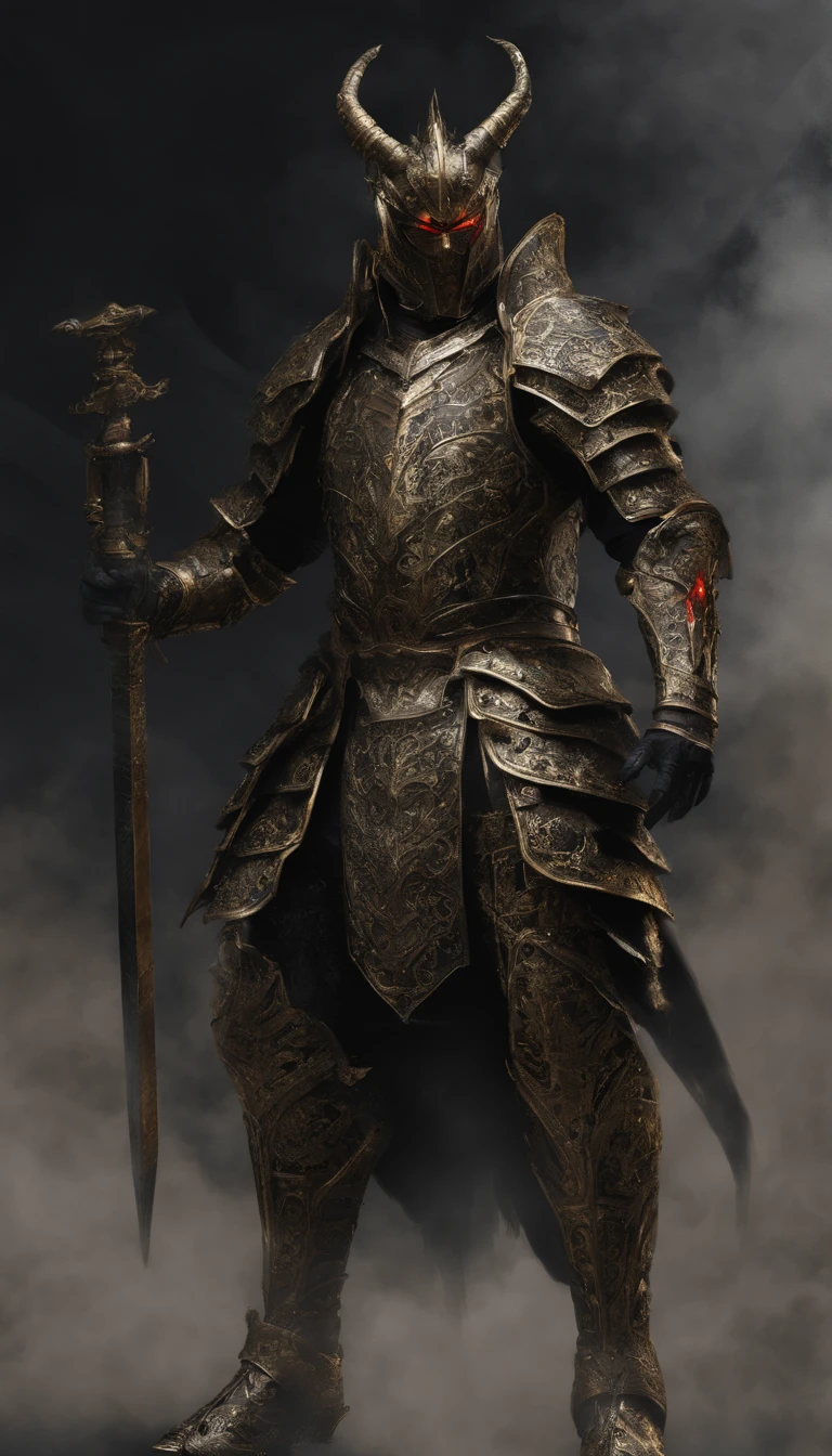 warrior, concept-art, author：Kishiganku, Fantasy art, battleground background, clean render, a horned, Wear a suit of armor, Detailed bushido form smoke, helmet of a forgotten deity, character is standing, 8k Realistic, in game render, detailed face background detail, Art station front page, taur, Pseudo-medieval fantasy, A deity wearing koi armor, detailed bronze armor, Bronze armor, golden etched armor, gold obsidian armor, Light gold armor, Gorgeous filigree armor, A demonic warrior, Gorgeous armor full of thorns, Intricate assasin armor, Intricate metal armor, powerful warrior, Dressed in gorgeous gold armor，Decorated with intricate patterns, The helmet has a large crown and two horns,Glowing red eyes， Everything is in the dark, The smoky background hints at battle scenes, Add an ominous aura to his character，submission, Full body shot.