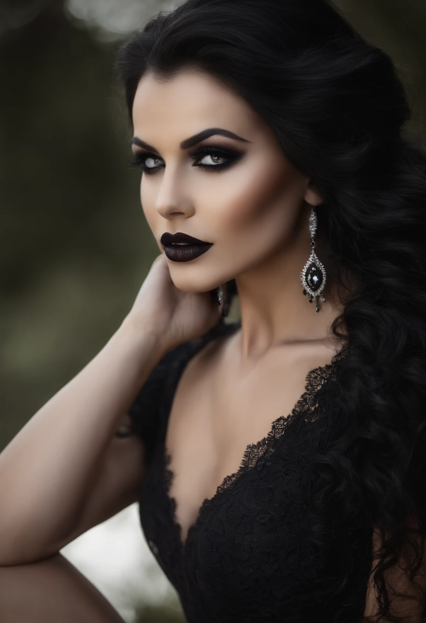 (mulher vampira), (cabelos pretos longos), (cabelo sedoso preto longo), (Olhos negros gigantes), (enormes olhos negros escuros), (presas de vampiro), (dentes caninos grandes), (sangue na boca), ( seios enormes transbordando roupas rasgadas), (Roupas rasgadas), (vestido rasgado), (Asas de morcego), (asas de morcego gigantes), (castelo abandonado), (Castelo vermelho), (cintura perfeita 0.8)