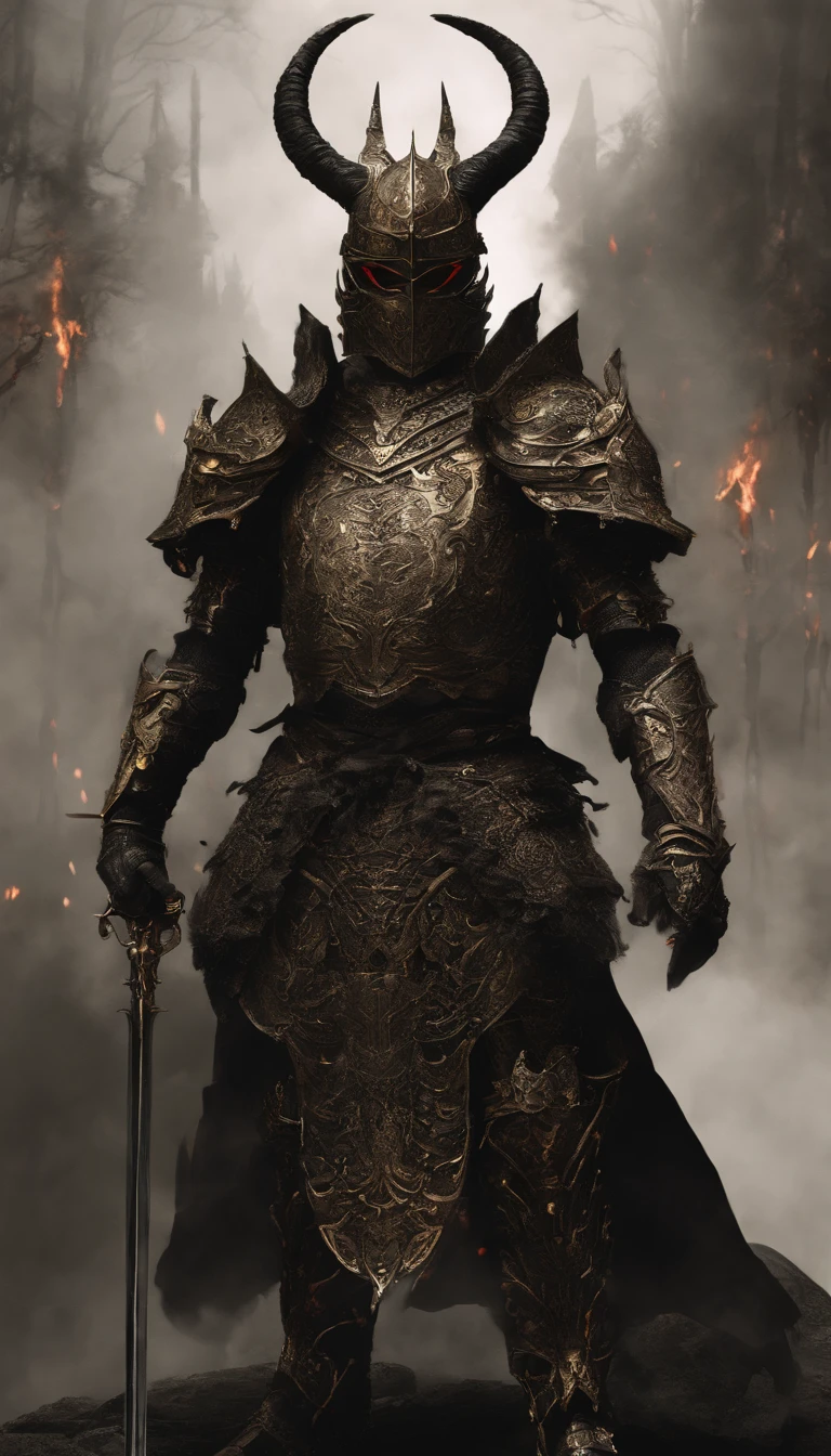 warrior, concept-art, author：Kishiganku, Fantasy art, battleground background, clean render, a horned, Wear a suit of armor, Detailed bushido form smoke, helmet of a forgotten deity, character is standing, 8k Realistic, in game render, detailed face background detail, Art station front page, taur, Pseudo-medieval fantasy, A deity wearing koi armor, detailed bronze armor, Bronze armor, golden etched armor, gold obsidian armor, Light gold armor, Gorgeous filigree armor, A demonic warrior, Gorgeous armor full of thorns, Intricate assasin armor, Intricate metal armor, powerful warrior, Dressed in gorgeous gold armor，Decorated with intricate patterns, The helmet has a large crown and two horns,Glowing red eyes， Everything is in the dark, The smoky background hints at battle scenes, Add an ominous aura to his character，submission, Full body shot.