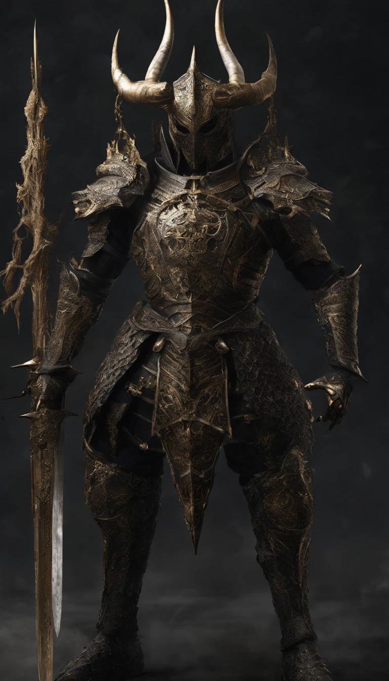 warrior, concept-art, author：Kishiganku, Fantasy art, battleground background, clean render, a horned, Wear a suit of armor, Detailed bushido form smoke, helmet of a forgotten deity, character is standing, 8k Realistic, in game render, detailed face background detail, Art station front page, taur, Pseudo-medieval fantasy, A deity wearing koi armor, detailed bronze armor, Bronze armor, golden etched armor, gold obsidian armor, Light gold armor, Gorgeous filigree armor, A demonic warrior, Gorgeous armor full of thorns, Intricate assasin armor, Intricate metal armor, powerful warrior, Dressed in gorgeous gold armor，Decorated with intricate patterns, The helmet has a large crown and two horns,Glowing red eyes， Everything is in the dark, The smoky background hints at battle scenes, Add an ominous aura to his character，submission, Full body shot.