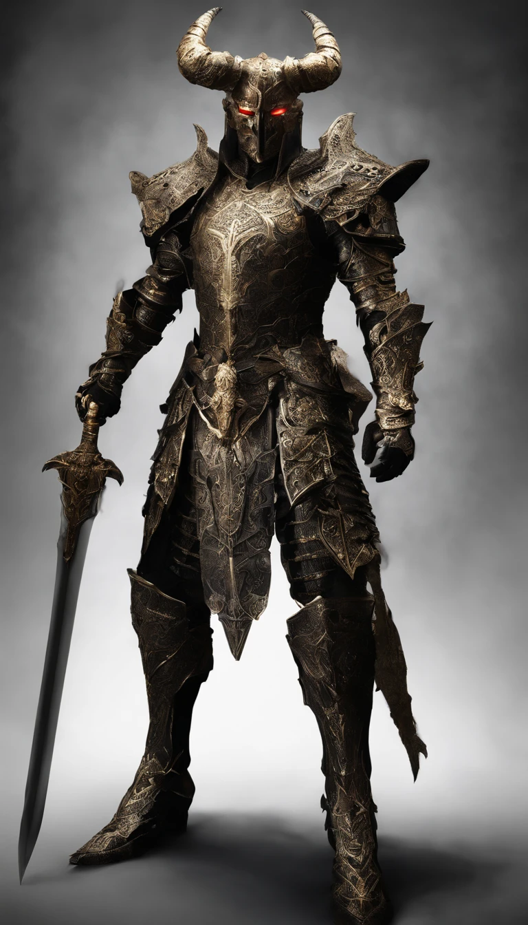 warrior, concept-art, author:Kishiganku, Fantasy art, battleground background, clean render, a horned, Wear a suit of armor, Detailed bushido form smoke, helmet of a forgotten deity, character is standing, 8k Realistic, in game render, detailed face background detail, Art station front page, taur, Pseudo-medieval fantasy, A deity wearing koi armor, detailed bronze armor, Bronze armor, golden etched armor, gold obsidian armor, Light gold armor, Gorgeous filigree armor, A demonic warrior, Gorgeous armor full of thorns, Intricate assasin armor, Intricate metal armor, powerful warrior, Dressed in gorgeous gold armor,Decorated with intricate patterns, The helmet has a large crown and two horns,Glowing red eyes, Everything is in the dark, The smoky background hints at battle scenes, Add an ominous aura to his character,submission, Full body shot.