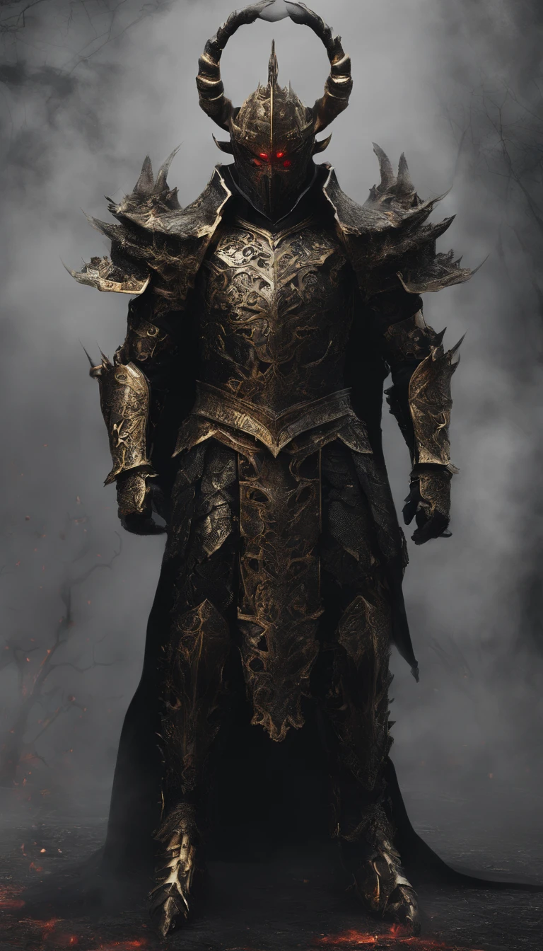 warrior, concept-art, author：Kishiganku, Fantasy art, battleground background, clean render, a horned, Wear a suit of armor, Detailed bushido form smoke, helmet of a forgotten deity, character is standing, 8k Realistic, in game render, detailed face background detail, Art station front page, taur, Pseudo-medieval fantasy, A deity wearing koi armor, detailed bronze armor, Bronze armor, golden etched armor, gold obsidian armor, Light gold armor, Gorgeous filigree armor, A demonic warrior, Gorgeous armor full of thorns, Intricate assasin armor, Intricate metal armor, powerful warrior, Dressed in gorgeous gold armor，Decorated with intricate patterns, The helmet has a large crown and two horns,Glowing red eyes， Everything is in the dark, The smoky background hints at battle scenes, Add an ominous aura to his character，submission, Full body shot.