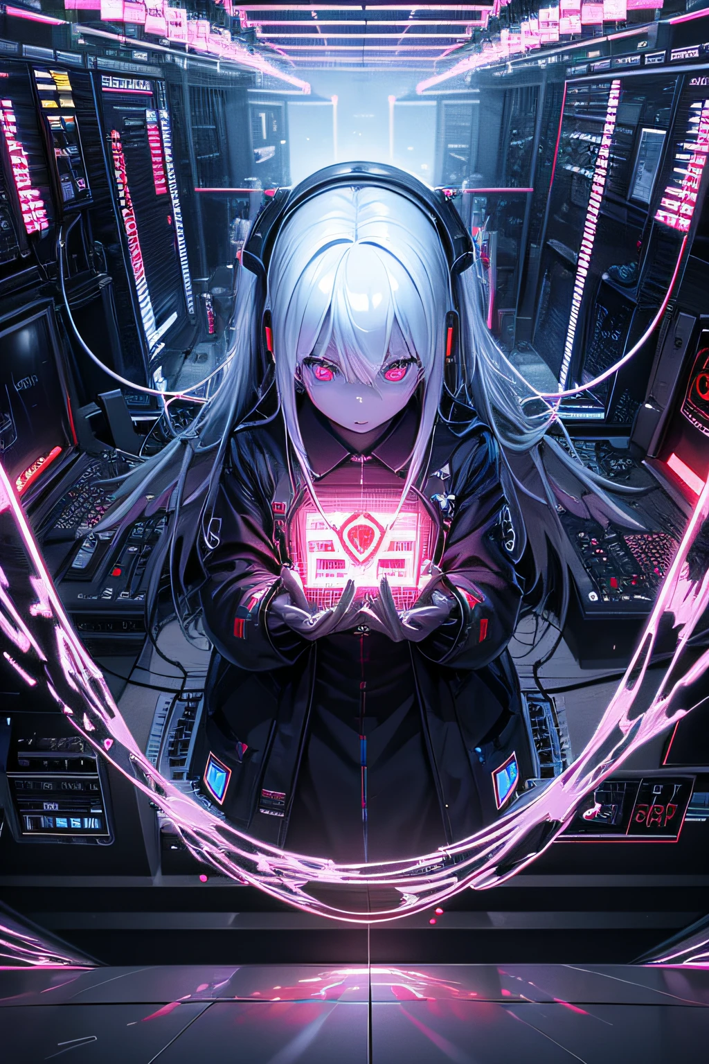 pixel art、Complex 3d Rendering Ultra Detail Beautiful Death Angel、teleportation、Mother computer、cables、microchips、Luminescent、Tatsuo Miyajima,digital、Virtual space、