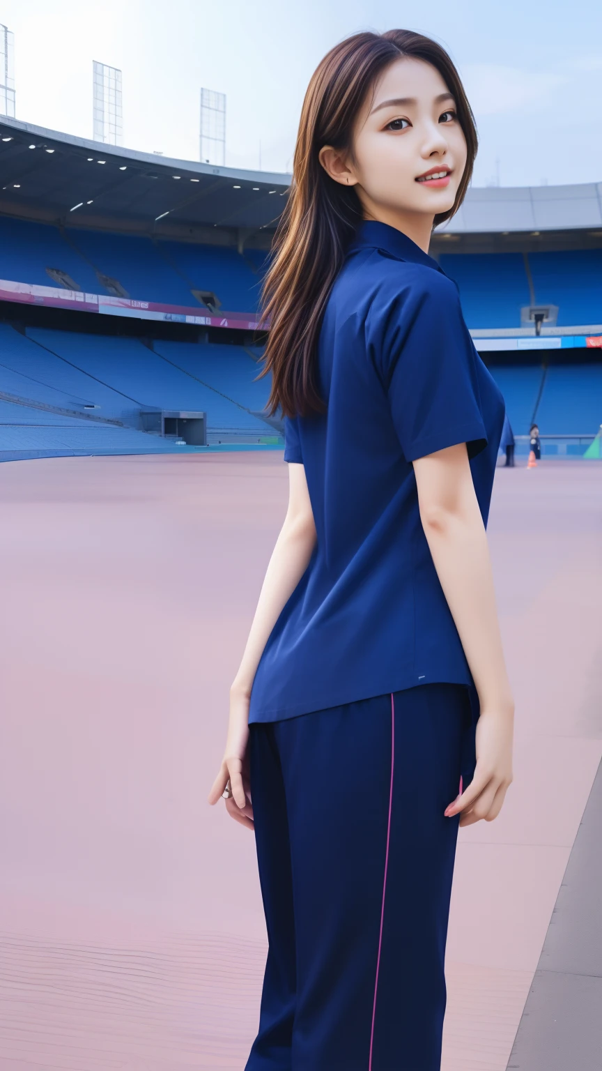 (bestquality,10,10,highres,masterpiece:1.2),ultra-detail,(Realistic,photorealistic portrait,photo-realistic:1.37),1 Cute girl in the football field,oily shiny skin,bara,light smile,BDclothes,((blue shirt:1.3)),short sleeves,Shirt, trousers.,(navy_long_Pants Track:1.1), ((Stadium Background:1.3)),dynamic angle,excited,face focus,Dynamic Poses,from behide,Ass Focus ,master-piece, bestquality, ultra realistic, hyper-detail, 8k resolution, RAW photo, crisp focus, ((Navy blue shirt:1.1)), short sleeves, Long Path, Perfect body, mature woman , 18yo, cinematic light,Blue sweatpants,Gymware,Correct ???????,Complete body, Correct body, sharp face, Anatomically correct body, full entire body, Realistic gestures, long-haired, Realistic poses,Blue sweatpants