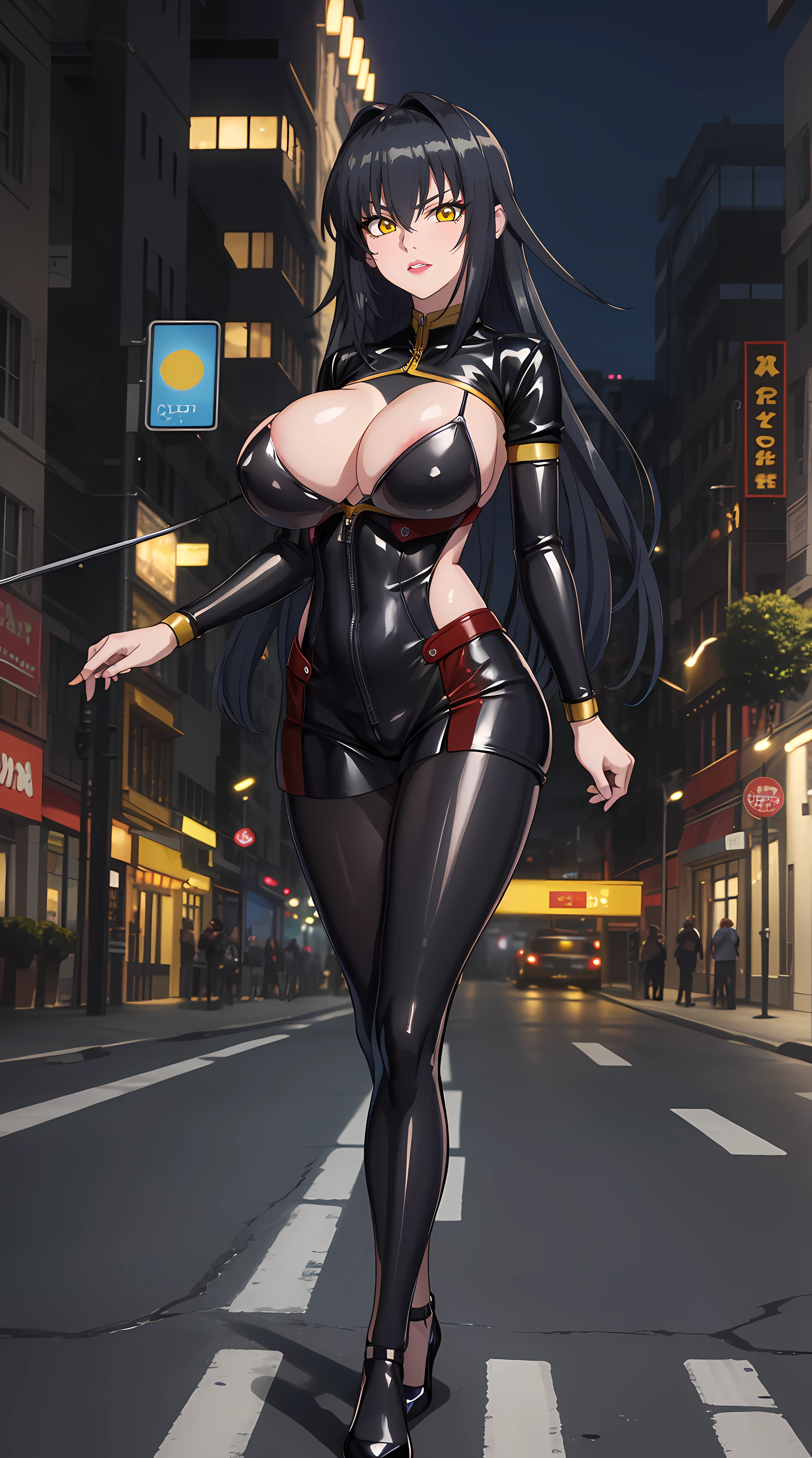 walking on road at midnight background, empty streets,
cowboy shot, Annerose,
black outfit, bodysuit latex,
black_hair,yellow_eyes, long_hair, hair intakes,
1 girl, 35yo,mature female,Beautiful Finger,Beautiful long legs,Beautiful body,Beautiful Nose,Beautiful character design, perfect eyes, perfect face,
looking at viewer, (big_yellow_eyes:1.0),(smug:1.3),
NSFW,official art,extremely detailed CG 8k wallpaper, perfect lighting,Colorful, Bright_Front_face_Lighting,
(masterpiece:1.0),(best_quality:1.0), ultra high res,4K,ultra-detailed,
photography, 8K, HDR, highres, absurdres:1.2, Kodak portra 400, film grain, blurry background, bokeh:1.2, lens flare, (vibrant_color:1.2)
(Beautiful,large_Breasts:1.4), (beautiful_face:1.5),(narrow_waist),