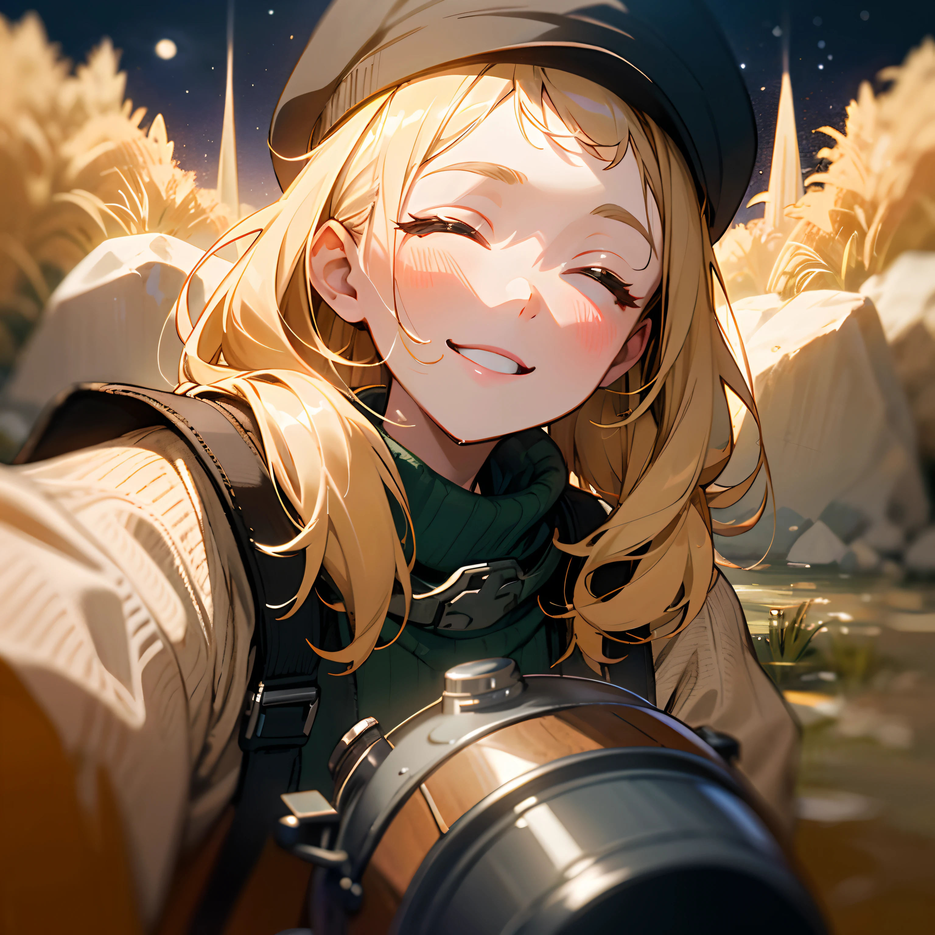 1 woman((upper body selfie, happy)), masterpiece, best quality, ultra-detailed, solo, outdoors, (night), mountains, nature, (stars, moon) cheerful, happy, backpack, sleeping bag, camping stove, water bottle, mountain boots, gloves, sweater, hat, flashlight, forest, rocks, river, wood, smoke, shadows, contrast, clear sky, analog style (look at viewer:1.2) (skin texture) (film grain:1.3), (warm hue, warm tone) :1.2), close up, cinematic light, sidelighting, ultra high res, best shadow, RAW, upper body, wearing pullover