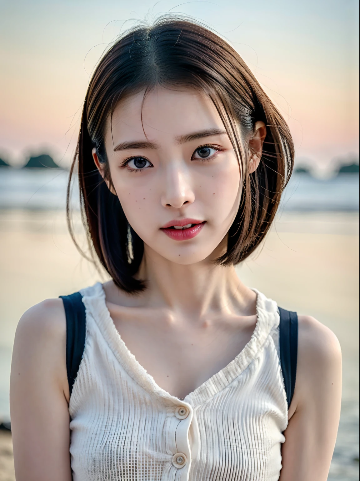 (8K, Raw photo, Best Quality, masutepiece:1.2), (Realistic, photographrealistic:1.4), (Highly detailed CG Unity 8k wallpaper), (masutepiece), (High resolution), (Ultra-detailed), (Best Shadow), realistic shadow, 超A high resolution, (Detailed face:1.4), Perfect Skin, Realistic skin texture, Detailed skin texture, depth of fields, Blurred background, Professional Lighting, (Soft Saturation:1.3),
break
Beautiful female idols in Japan, Cute, 年轻, Innocent Girl, (), Baby face, F Round face, Black hair, Fluffy short hair, Blunt bangs,
Beautiful eyes, good-looking, Beautiful face, (Fair skin:1.4, Soft skin), no-makeup,
(slender),
Looking at Viewer,
break
uniform, Dark blue long skirt, Pleated skirt, Short sleeves, bowtie, White shirt, Off-white knitted vest, Cowboy Shot,
the golden hour, (Warm tones:1.2), Soft shadows, solar flare, Beachside Walking, paw print, peaceful, shoreline