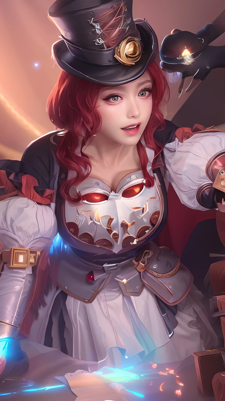 Ultra HD, detailed face, sparkles, white shirt, red hair, magician hat, huge breasts