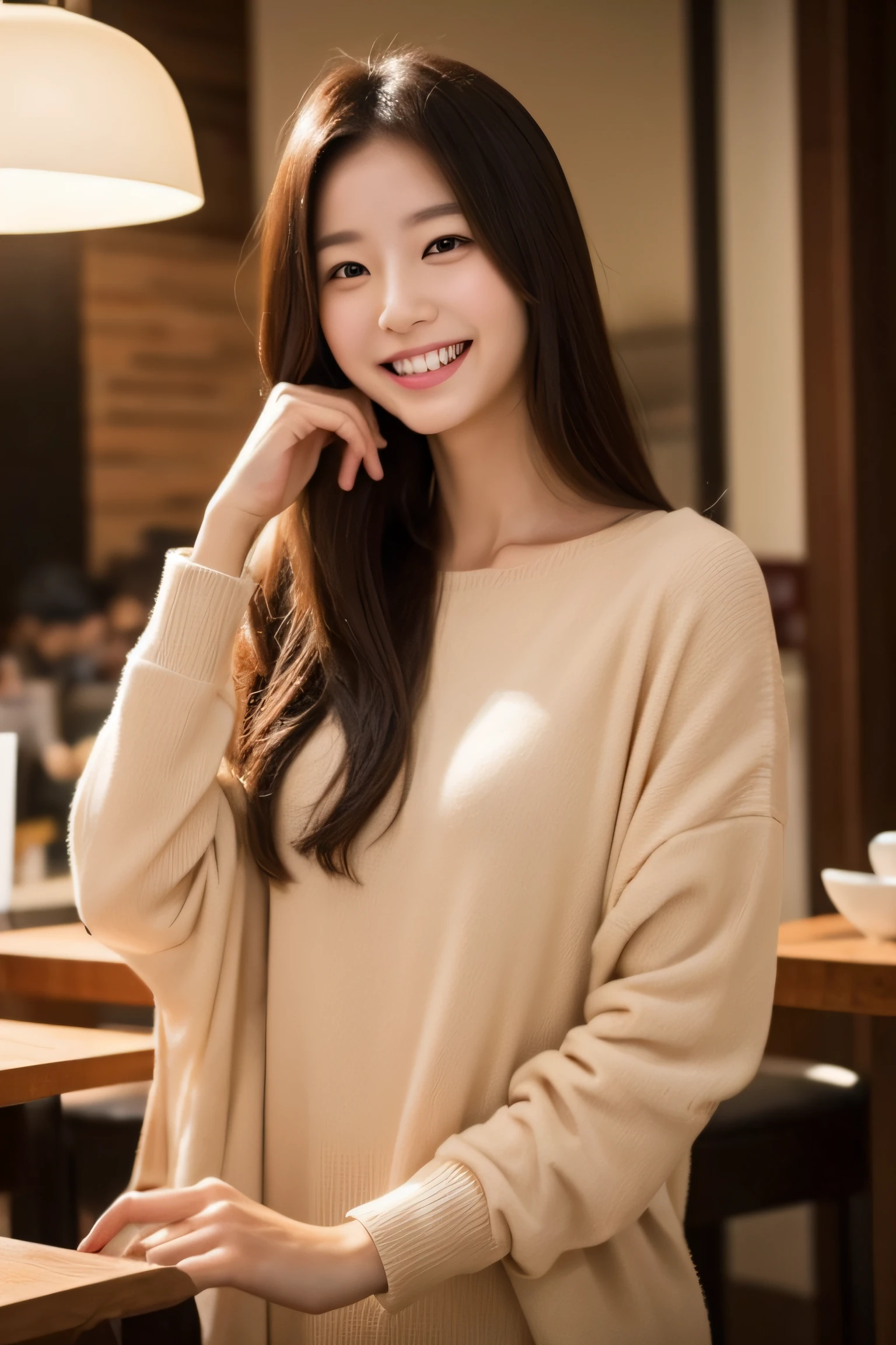 Asian woman looking at camera in coffee shop and smiling bustup