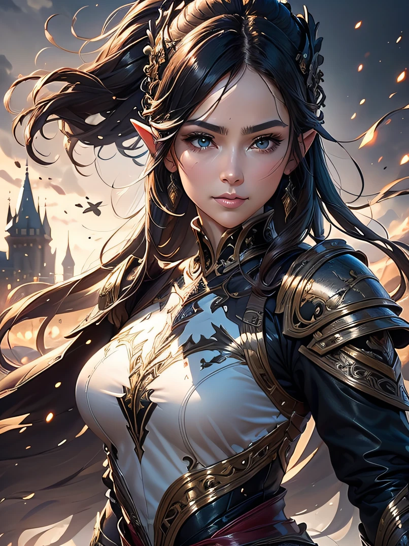 top-quality、ultra-detailliert、Very delicate、lighting like a movie、Unique lighting effects、4/5 shots、Focus from the waist up、Beautiful 40 year old female elf upper body portrait、Environments with complex details、Elegant person、Graceful aura、Elaborate patterns that blend fantasy and modernity、Black cloak of flowing fabric、Richly textured black leather armor and leggings、Delicately carved black plate armor、Bustling medieval cityscape and castle in the background、Mystical atmosphere filled with magical elements、Detailed background depiction、Deep sense of depth、A dark-haired、tall、a small face、well-proportioned figure、Hairstyle Ponytail、Seductive blue eyes、Sharp eyes、hyperdetailed face、A detailed eye、Detailed hand depiction、Detailed foot depiction、Dynamic action、Look at viewers