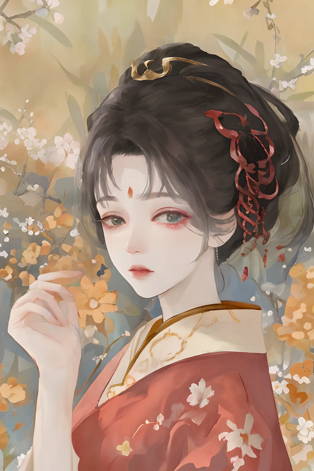 An ancient Chinese beauty sitting on a stone, wearing ancient Chinese clothing, flowing tulle, light silk, lazy posture, large lotus leaf, lotus, ink painting style, clean color, decisive cutting, blank, freehand, masterpiece, super detailed, epic composition, high quality, the highest quality, 4k --v 6