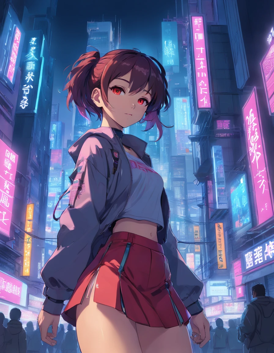 cyberpunk city landscape Nyonix, cyberpunk sexy anime girl Wearing a short skirt,Red Panties,posing from behind in metropolis with a rebellious spirit. Her hair seemed to dance under neon lights, The color changes with each heartbeat. Her costume is a fusion of wires, circuit, and urban fashion, Decorated with neon signs，Twinkle like a city light. Nyonix exudes an aura of technical prowess, As if she could invade the cities around her. In her presence, Cyberpunk cityscapes come to life, The holographic billboard changes to show her message，The air was filled with mechanical hums and slogans of protest, Detailed Features, Detailed Face, Detailed Hands --niji 5 --s 750