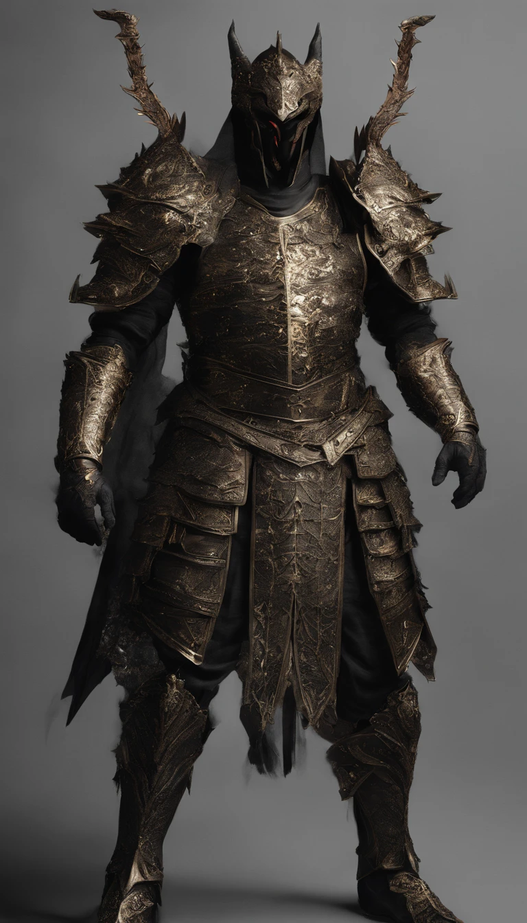 warrior, concept-art, author:Kishiganku, Fantasy art, battleground background, clean render, a horned, Wear a suit of armor, Detailed bushido form smoke, helmet of a forgotten deity, character is standing, 8k Realistic, in game render, detailed face background detail, Art station front page, taur, Pseudo-medieval fantasy, A deity wearing koi armor, detailed bronze armor, Bronze armor, golden etched armor, gold obsidian armor, Light gold armor, Gorgeous filigree armor, A demonic warrior, Gorgeous armor full of thorns, Intricate assasin armor, Intricate metal armor, powerful warrior, Dressed in gorgeous gold armor,Decorated with intricate patterns, The helmet has a large crown and two horns,Glowing red eyes, Everything is in the dark, The smoky background hints at battle scenes, Add an ominous aura to his character,submission, Full body shot.