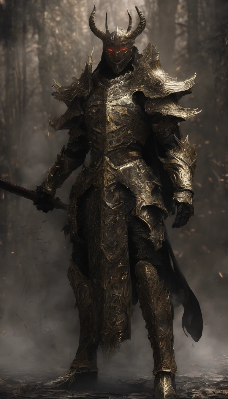 warrior, concept-art, author：Kishiganku, Fantasy art, battleground background, clean render, a horned, Wear a suit of armor, Detailed bushido form smoke, helmet of a forgotten deity, character is standing, 8k Realistic, in game render, detailed face background detail, Art station front page, taur, Pseudo-medieval fantasy, A deity wearing koi armor, detailed bronze armor, Bronze armor, golden etched armor, gold obsidian armor, Light gold armor, Gorgeous filigree armor, A demonic warrior, Gorgeous armor full of thorns, Intricate assasin armor, Intricate metal armor, powerful warrior, Dressed in gorgeous gold armor，Decorated with intricate patterns, The helmet has a large crown and two horns,Glowing red eyes， Everything is in the dark, The smoky background hints at battle scenes, Add an ominous aura to his character，submission, Full body shot.