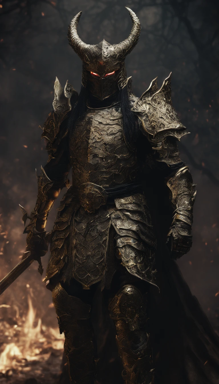warrior, concept-art, author:Kishiganku, Fantasy art, battleground background, clean render, a horned, Wear a suit of armor, Detailed bushido form smoke, helmet of a forgotten deity, character is standing, 8k Realistic, in game render, detailed face background detail, Art station front page, taur, Pseudo-medieval fantasy, A deity wearing koi armor, detailed bronze armor, Bronze armor, golden etched armor, gold obsidian armor, Light gold armor, Gorgeous filigree armor, A demonic warrior, Gorgeous armor full of thorns, Intricate assasin armor, Intricate metal armor, powerful warrior, Dressed in gorgeous gold armor,Decorated with intricate patterns, The helmet has a large crown and two horns,Glowing red eyes, Everything is in the dark, The smoky background hints at battle scenes, Add an ominous aura to his character,submission, Full body shot.