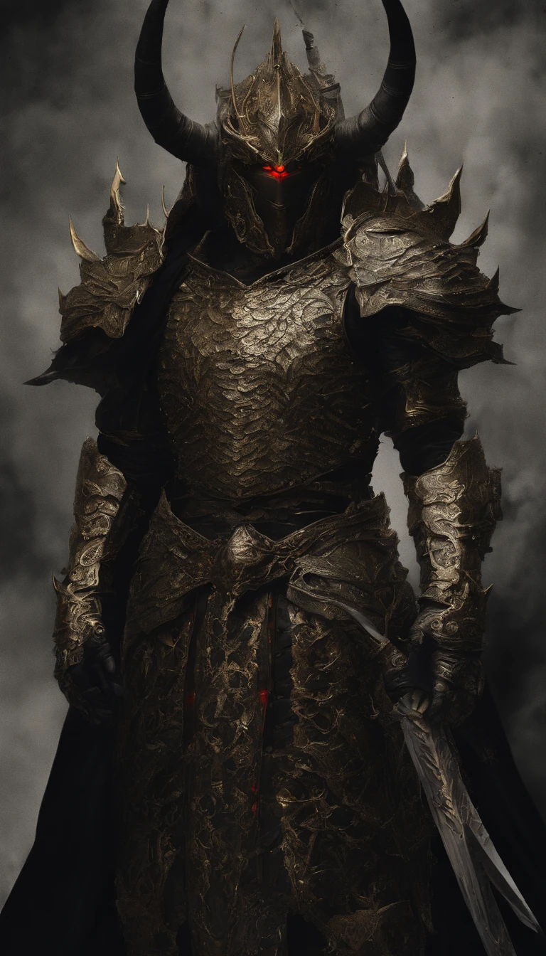 warrior, concept-art, author：Kishiganku, Fantasy art, battleground background, clean render, a horned, Wear a suit of armor, Detailed bushido form smoke, helmet of a forgotten deity, character is standing, 8k Realistic, in game render, detailed face background detail, Art station front page, taur, Pseudo-medieval fantasy, A deity wearing koi armor, detailed bronze armor, Bronze armor, golden etched armor, gold obsidian armor, Light gold armor, Gorgeous filigree armor, A demonic warrior, Gorgeous armor full of thorns, Intricate assasin armor, Intricate metal armor, powerful warrior, Dressed in gorgeous gold armor，Decorated with intricate patterns, The helmet has a large crown and two horns,Glowing red eyes， Everything is in the dark, The smoky background hints at battle scenes, Add an ominous aura to his character，submission, Full body shot.