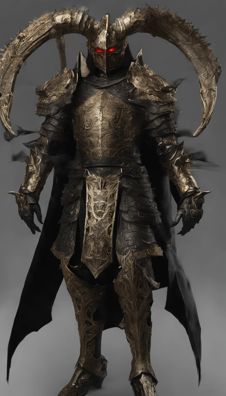warrior, concept-art, author:Kishiganku, Fantasy art, battleground background, clean render, a horned, Wear a suit of armor, Detailed bushido form smoke, helmet of a forgotten deity, character is standing, 8k Realistic, in game render, detailed face background detail, Art station front page, taur, Pseudo-medieval fantasy, A deity wearing koi armor, detailed bronze armor, Bronze armor, golden etched armor, gold obsidian armor, Light gold armor, Gorgeous filigree armor, A demonic warrior, Gorgeous armor full of thorns, Intricate assasin armor, Intricate metal armor, powerful warrior, Dressed in gorgeous gold armor,Decorated with intricate patterns, The helmet has a large crown and two horns,Glowing red eyes, Everything is in the dark, The smoky background hints at battle scenes, Add an ominous aura to his character,submission, Full body shot.