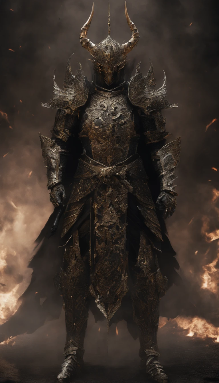 warrior, concept-art, author：Kishiganku, Fantasy art, battleground background, clean render, a horned, Wear a suit of armor, Detailed bushido form smoke, helmet of a forgotten deity, character is standing, 8k Realistic, in game render, detailed face background detail, Art station front page, taur, Pseudo-medieval fantasy, A deity wearing koi armor, detailed bronze armor, Bronze armor, golden etched armor, gold obsidian armor, Light gold armor, Gorgeous filigree armor, A demonic warrior, Gorgeous armor full of thorns, Intricate assasin armor, Intricate metal armor, powerful warrior, Dressed in gorgeous gold armor，Decorated with intricate patterns, The helmet has a large crown and two horns,Glowing red eyes， Everything is in the dark, The smoky background hints at battle scenes, Add an ominous aura to his character，submission, Full body shot.