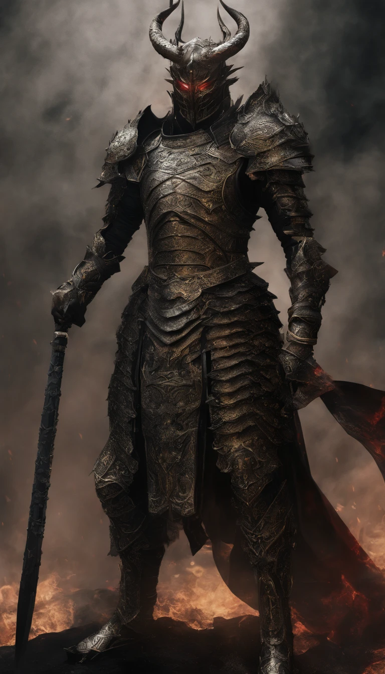 warrior, concept-art, author:Kishiganku, Fantasy art, battleground background, clean render, a horned, Wear a suit of armor, Detailed bushido form smoke, helmet of a forgotten deity, character is standing, 8k Realistic, in game render, detailed face background detail, Art station front page, taur, Pseudo-medieval fantasy, A deity wearing koi armor, detailed bronze armor, Bronze armor, golden etched armor, gold obsidian armor, Light gold armor, Gorgeous filigree armor, A demonic warrior, Gorgeous armor full of thorns, Intricate assasin armor, Intricate metal armor, powerful warrior, Dressed in gorgeous gold armor,Decorated with intricate patterns, The helmet has a large crown and two horns,Glowing red eyes, Everything is in the dark, The smoky background hints at battle scenes, Add an ominous aura to his character,submission, Full body shot.