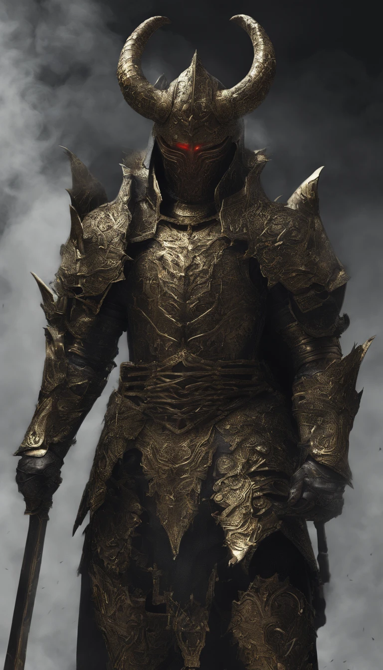 warrior, concept-art, author：Kishiganku, Fantasy art, battleground background, clean render, a horned, Wear a suit of armor, Detailed bushido form smoke, helmet of a forgotten deity, character is standing, 8k Realistic, in game render, detailed face background detail, Art station front page, taur, Pseudo-medieval fantasy, A deity wearing koi armor, detailed bronze armor, Bronze armor, golden etched armor, gold obsidian armor, Light gold armor, Gorgeous filigree armor, A demonic warrior, Gorgeous armor full of thorns, Intricate assasin armor, Intricate metal armor, powerful warrior, Dressed in gorgeous gold armor，Decorated with intricate patterns, The helmet has a large crown and two horns,Glowing red eyes， Everything is in the dark, The smoky background hints at battle scenes, Add an ominous aura to his character，submission, Full body shot.