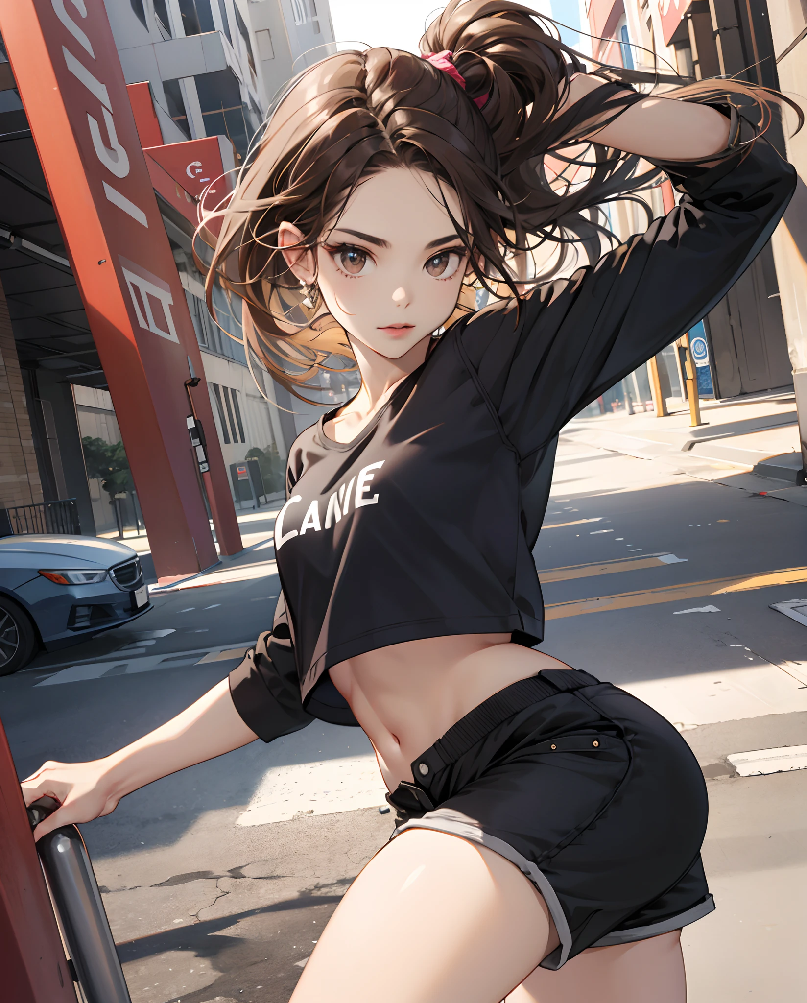 masterpiece, best quality, highres, 1girl, solo, kujikawadef, twintails, , black serafuku, long sleeves, skirt, thighhighs, jewelry, earrings, futabasakura, blunt bangs, glasses, black-framed eyewear, ahoge, small breasts, glasses, headphones, behind-the-head headphones, white shirt, jacket, off shoulder, fur trim, fur-trimmed jacket, green jacket, shorts, thighhighs, boots, happy, cowbow shot, city street