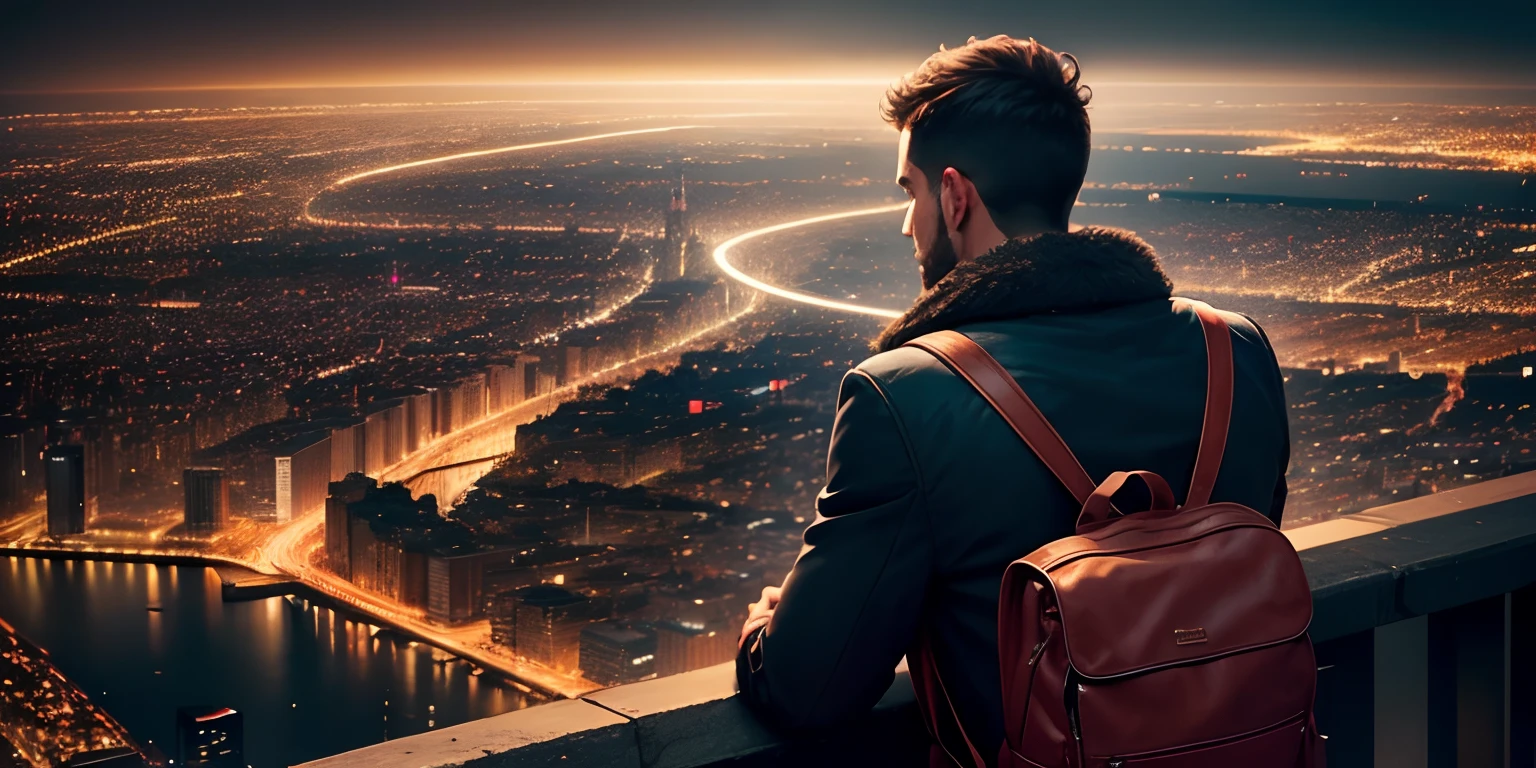 A man looking at the lights of the city
