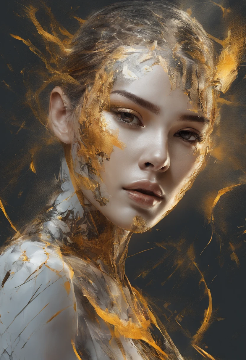 Perfect centralization, Golden Beams Fantastic Black, alegria, Standing position, beleza abstrata, Centrado, looking at the camera, Facing the camera, Approaching perfection, Dynamic, altamente detalhado, liso, foco nítido, 8k, alta resolução, illustration, arte de Carne Griffiths e Wadim Kashin, asian beauty, feixes dourados, feixes laranja, feixes pastel, Rosto realista, rosto detalhado, cabelo prateado, fundo em movimento,