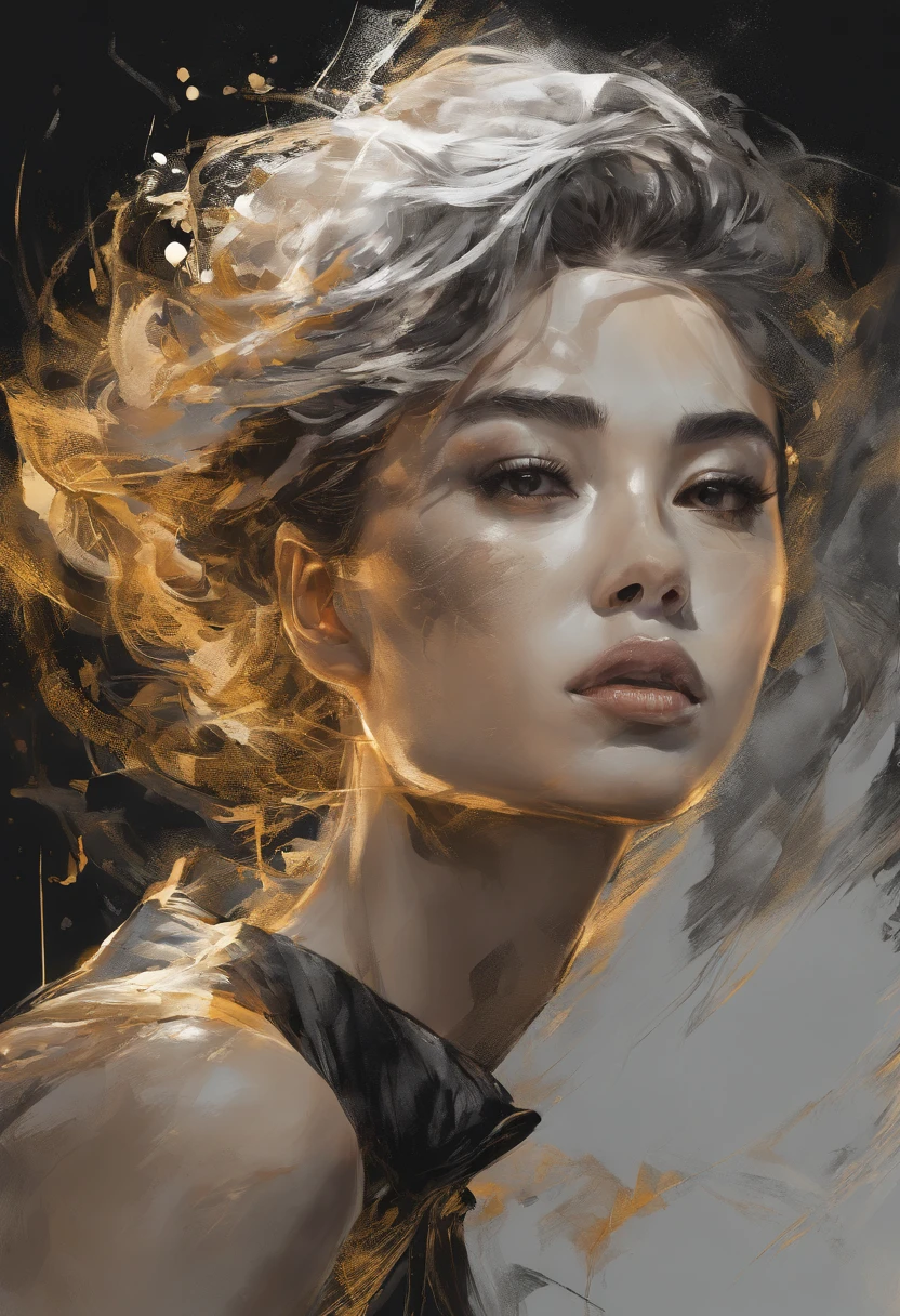 Perfect centralization, Golden Beams Fantastic Black, alegria, Standing position, beleza abstrata, Centrado, looking at the camera, Facing the camera, Approaching perfection, Dynamic, altamente detalhado, liso, foco nítido, 8k, alta resolução, illustration, arte de Carne Griffiths e Wadim Kashin, asian beauty, feixes dourados, feixes laranja, feixes pastel, Rosto realista, rosto detalhado, cabelo prateado, fundo em movimento,
