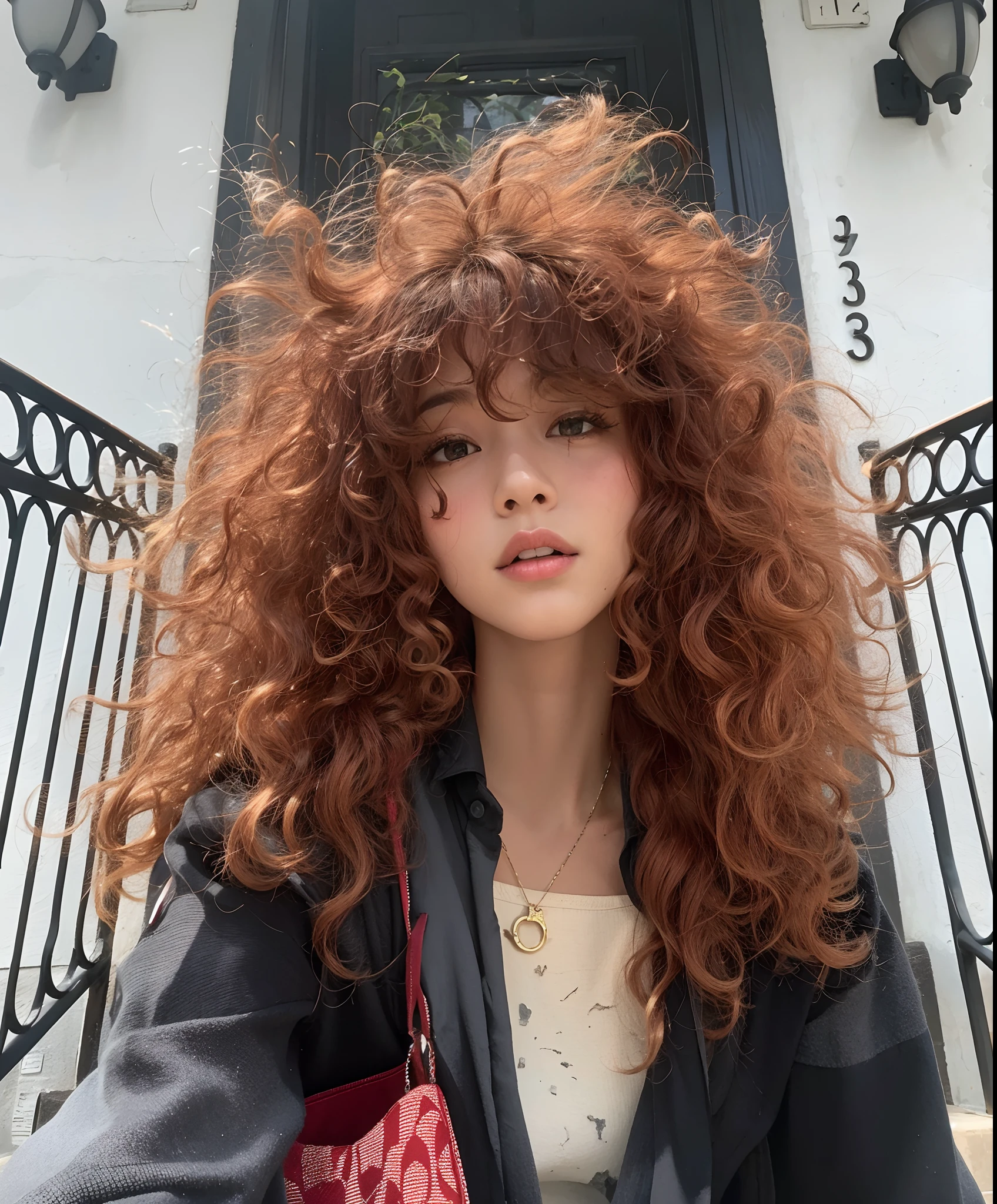 Argowed woman with red curly hair sitting on steps outside a building, franja encaracolado, cabelos cacheados cor de cobre, com cabelos ruivos cacheados, com longos cabelos cacheados, cabelo grande, long messy curly hair, longos cabelos castanhos inchados cacheados, cabelo de gengibre selvagem, cabelos crespos, flowing massive hair, cabelos cacheados vermelhos, messy curly hair, cabelos longos e macios e macios