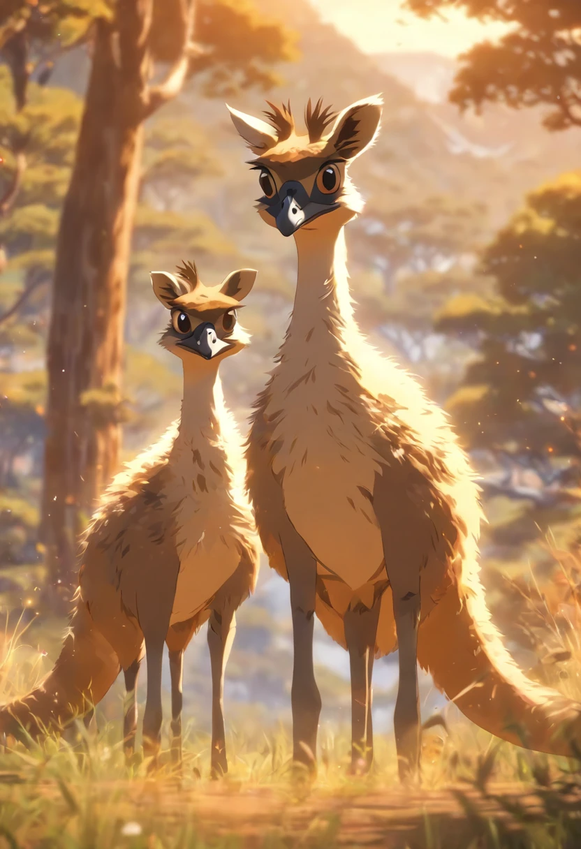(((Animals))) best quality, very high resolution, 4K detailed CG, master piece,Kangaroo,Emus,Birds, Mountains, Forest,aesthetics, ((Kangaroo,Emus,Birds)), Beautiful image, centered on the screen