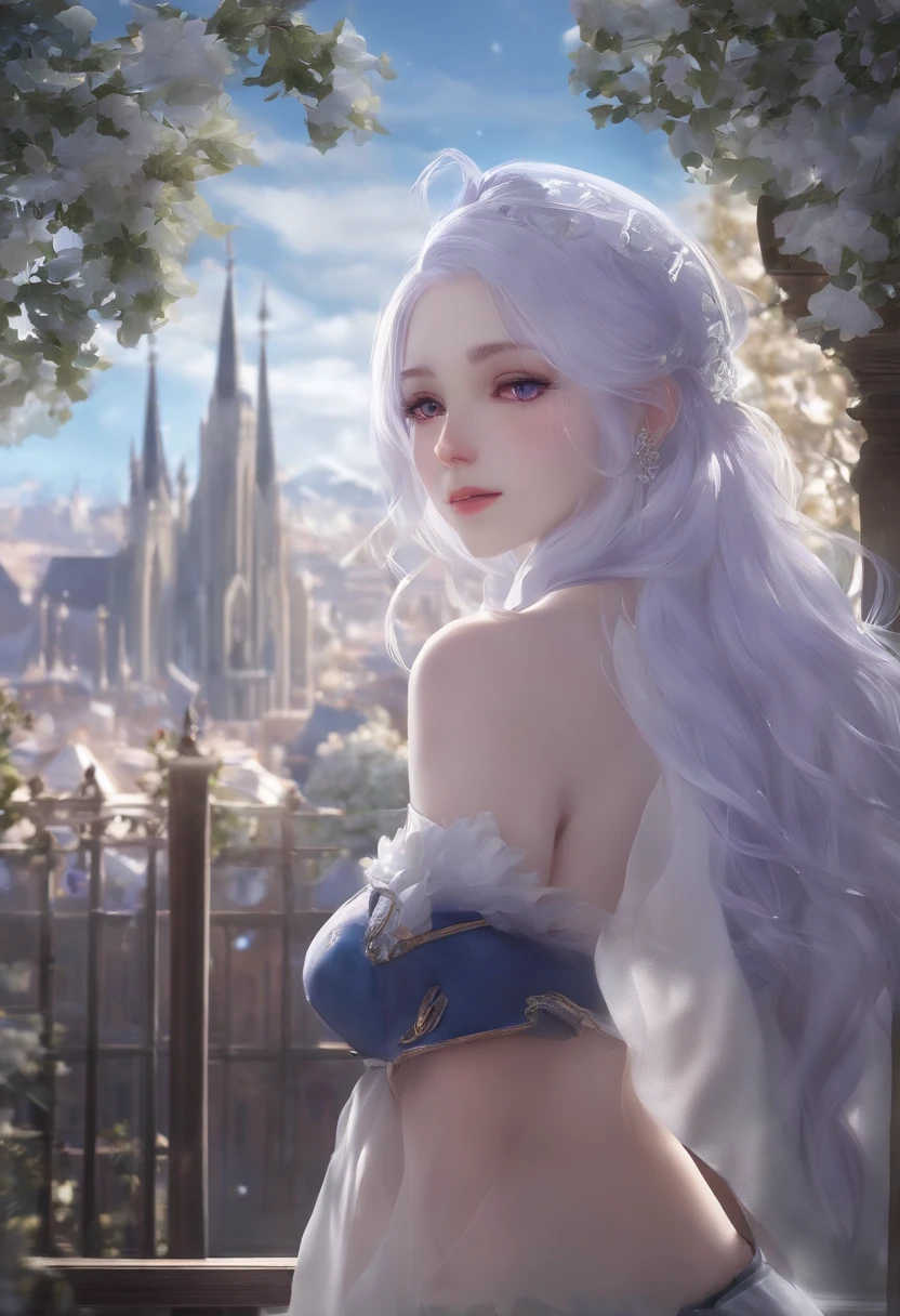 Re:zero, Anime, Emilia, cabelos prateados, olhos Roxo, pele branca como a neve,4k,.. City scenery, obra prima, image with great quality, rosto perfeito, wearing a pair of jeans, como a jaqueta branca,