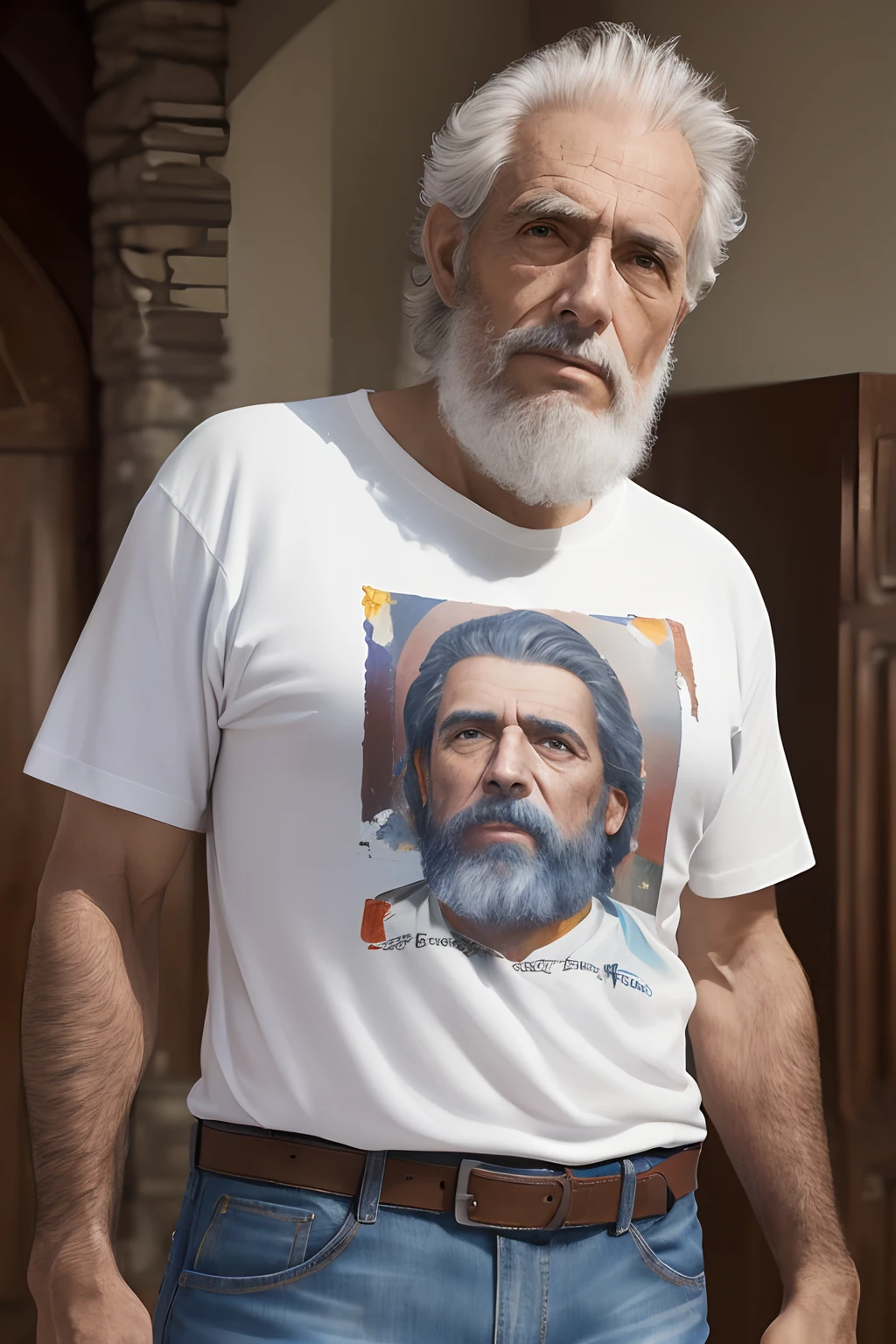 (A 62-year-old man, delgado y barbudo, con camisa blanca y jeans), la remera dice dur,(oil on canvas,realista,high resolusion),(Detailed facial features,scruffy beard),(bright illumination,foco nítido),(religioso , iglesia),(vivid colors)