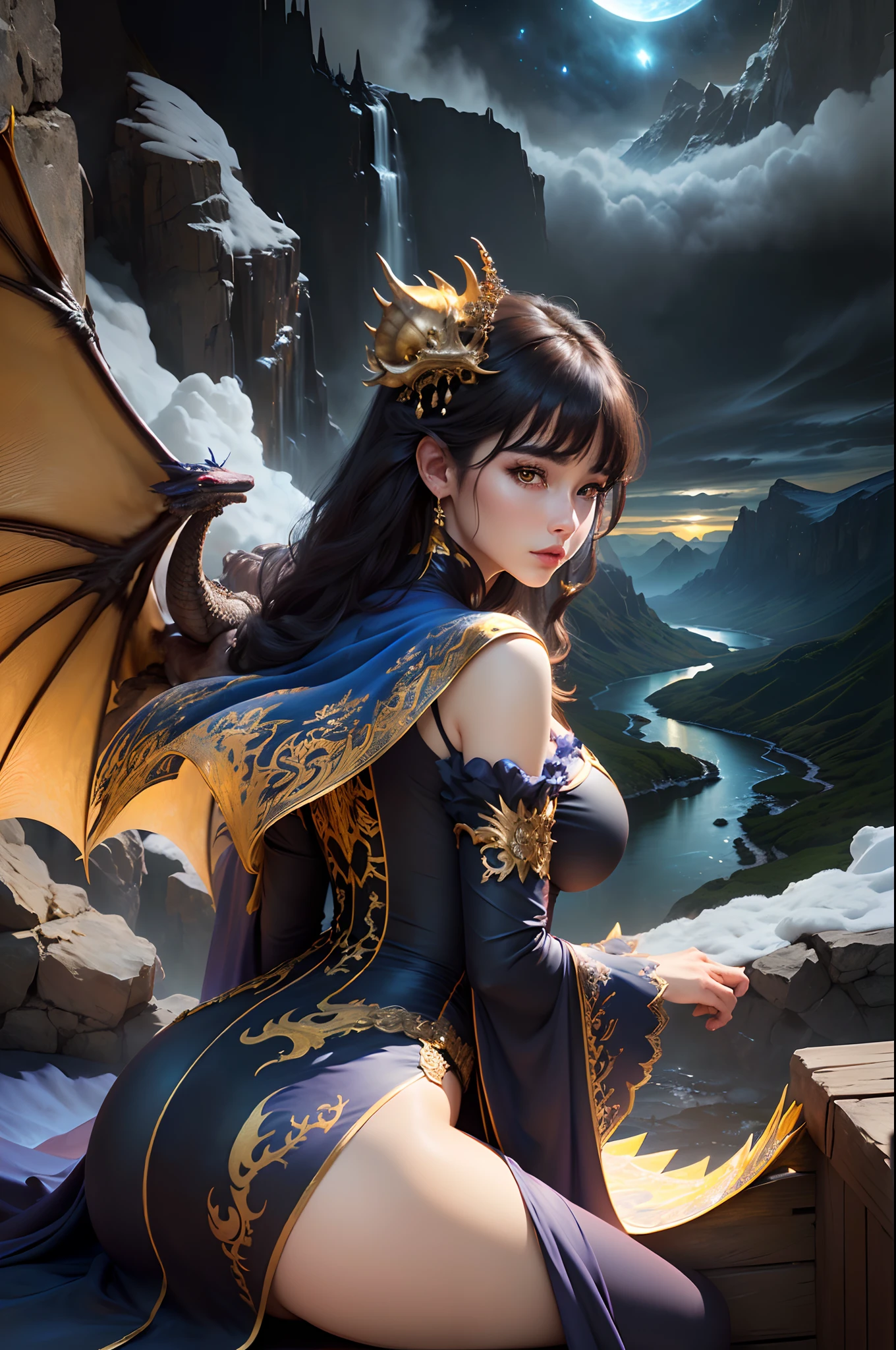 ((best quality)), ((masterpiece)), (detailed), dragon emperatriz, realistic eyes, black hair, yellow brown eyes, big breasts,big butt, sexy body, korean setin dress, evil landscape, ethereal beauty, (fantasy illustration:1.3), charming look, captivating pose, solo girl, supernatural charm, mystical sky, (anime), moonlit night, soft colors, (detailed cloudy landscape:1.3), (high resolution:1.2) (small bluish dragon on girl's shoulder) dress, on a hill, an army passing far away in a gorge below.