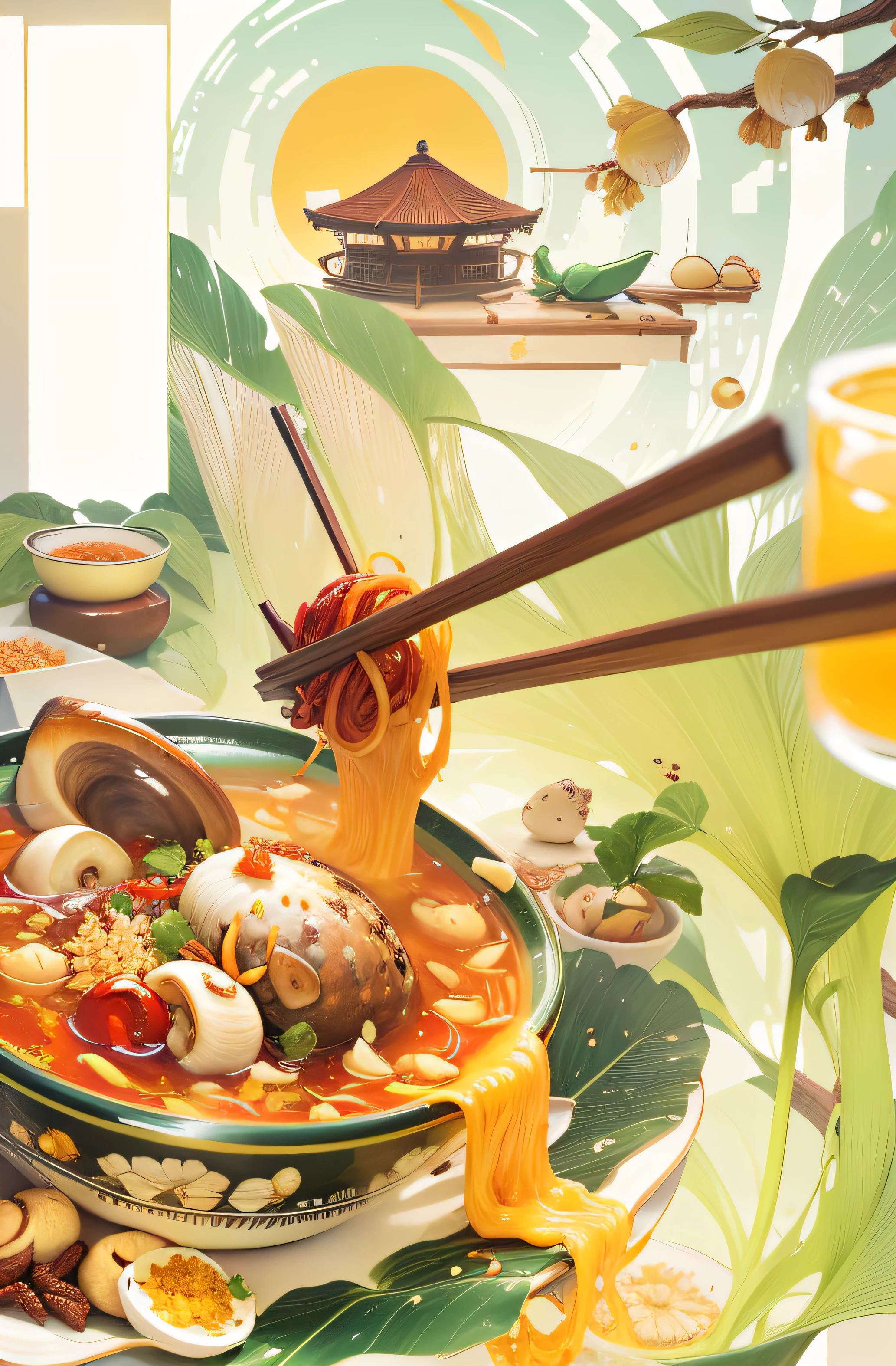 A bowl of snail powder and chili peppers ::Chopsticks hold raised rice noodles, The bowl is again a field snail,peanuts,bamboo shoots,Surrealist element style,Red soup,8k --s50