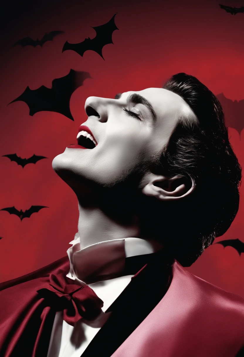 cantor em performance em um grande show musical, Everyone in the audience is a vampire and is very happy, It's night and there's bats flying through the sky