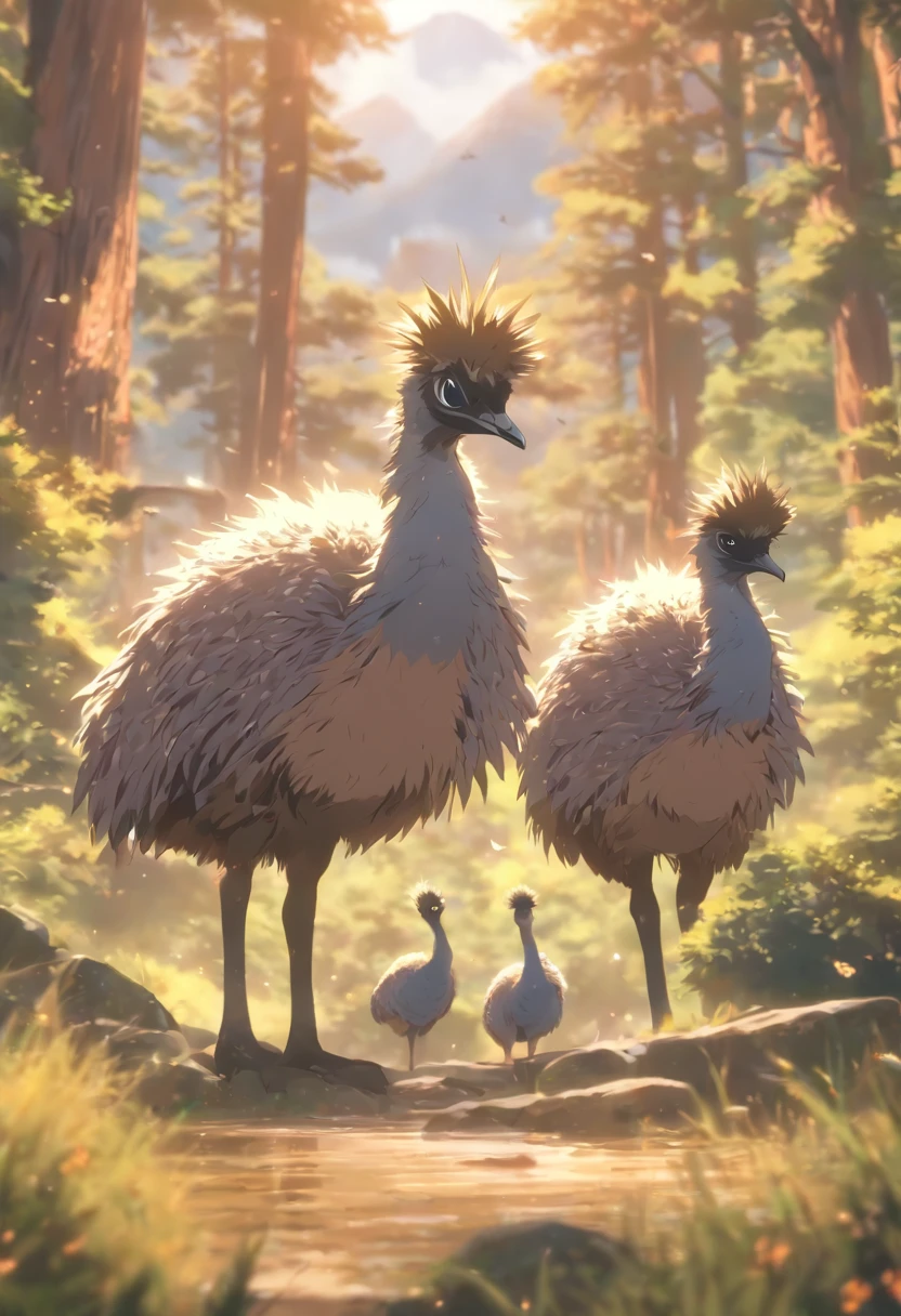 (((Animals))) best quality, very high resolution, 4K detailed CG, master piece,Emus, Mountains, Forest,aesthetics, ((Emus,Birds)), Beautiful image, centered on the screen