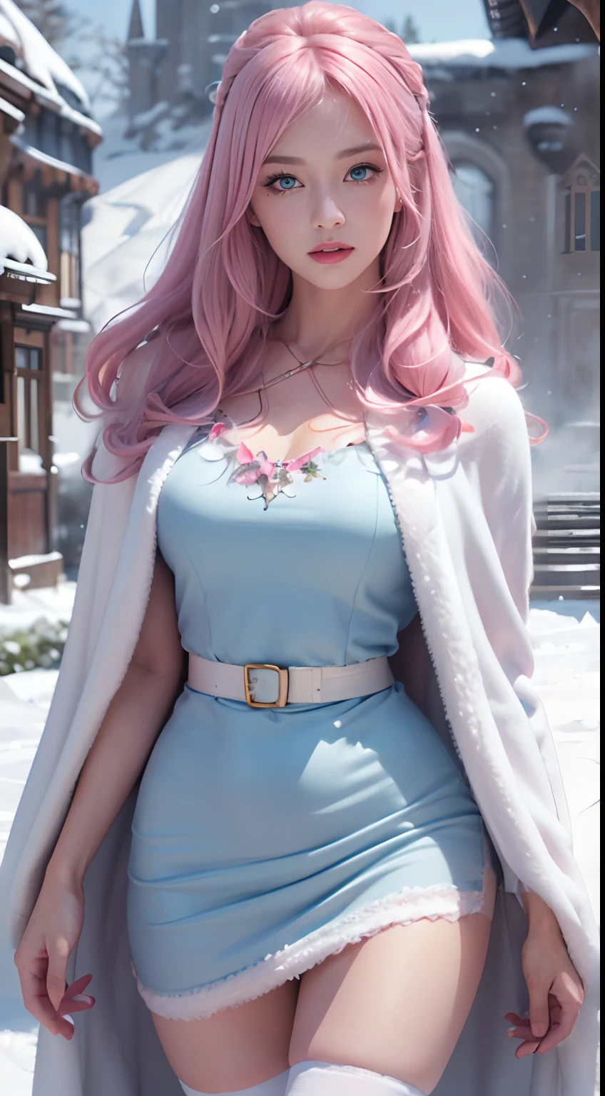 Photorealistic, high resolution, 1 Women, Solo, (****ta costume)，Gorgeous costumes，Face the audience，The upper part of the body，upper legs， beautidful eyes, pink hair, ringed eyes, (outside，Heavy snowfall，Cloak，Cover with snow)，snowfield，Blue eyes，Illustrations of the highest quality，A meticulous face, Chika Fujiwara