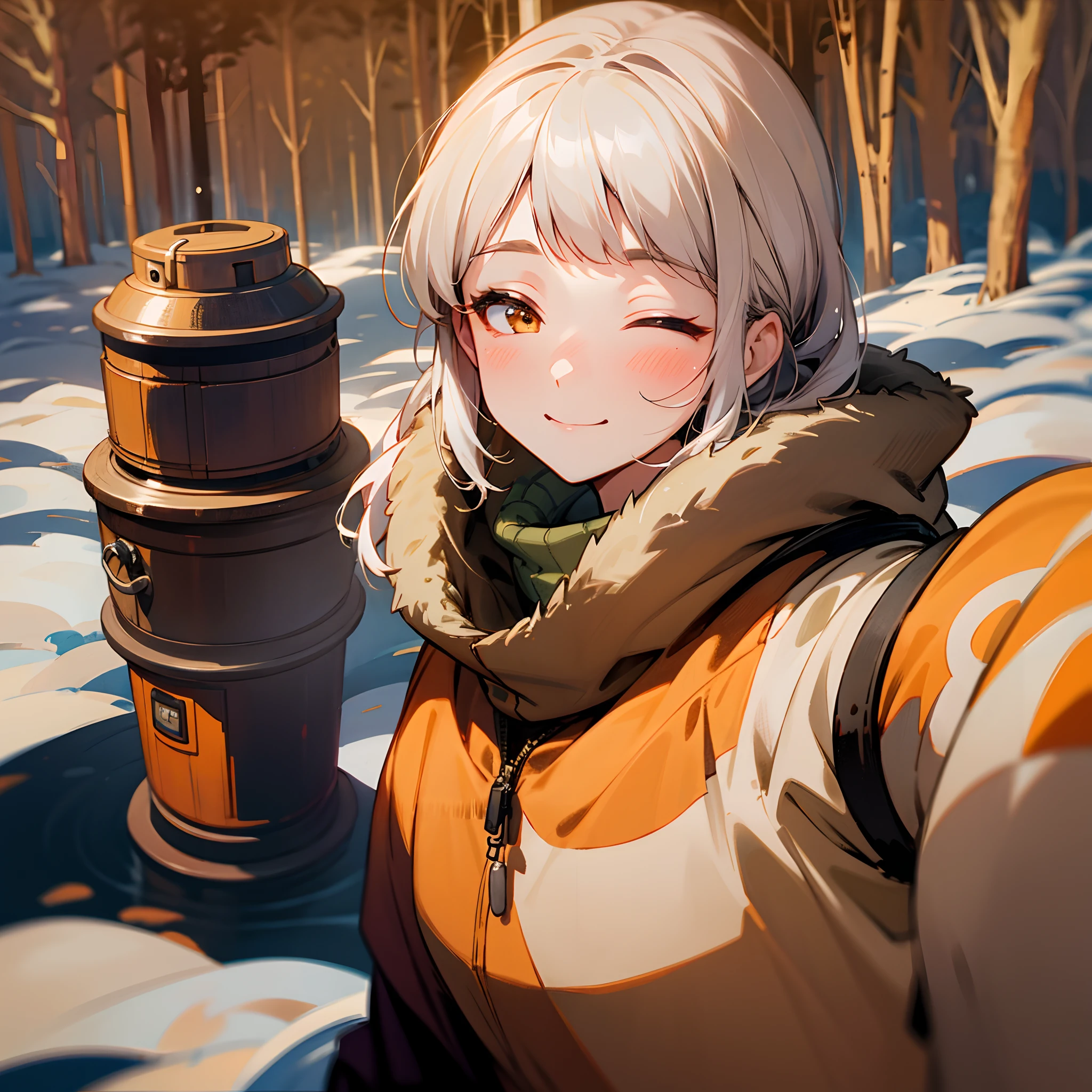 1 woman((Upper body selfie,cheerfulness)),tmasterpiece,Best quality at best,ultra - detailed,独奏,exteriors,(the night),mountain ranges,naturey,(As estrelas,themoon)cheerful,cheerfulness,backpacks,sleeping bag,Camping stove,kettle、hiking boots、mitts、Sweaters、Hats、flashlights、ln the forest、Rochas、rios、wood、smog、shadowing、to contrast、cloudless sky、analogue style(View the audience:1.2)(skin textures)(filmgrain:1.3) , (warm hue, warm tone) :1.2), close up, cinematic light, sidelighting, ultra high res, best shadow, RAW, Upper body,wearing pullover,Snow in winter,chilly