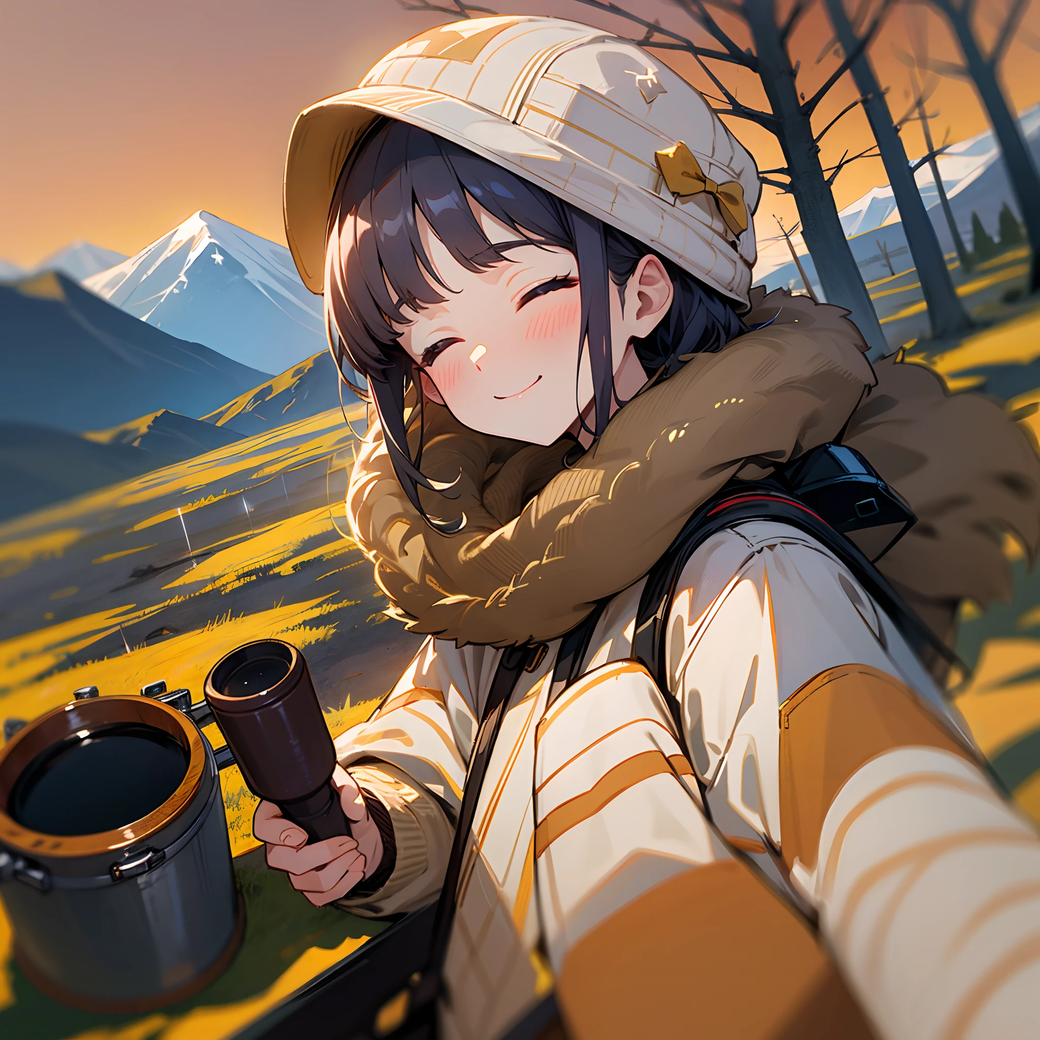 1 woman（（Upper body selfie，cheerfulness）），tmasterpiece，Best quality at best，ultra - detailed，独奏，exteriors，（the night），mountain ranges，naturey，（As estrelas，themoon）cheerful，cheerfulness，backpacks，sleeping bag，Camping stove，kettle、hiking boots、mitts、Sweaters、Hats、flashlights、ln the forest、Rochas、rios、wood、smog、shadowing、to contrast、cloudless sky、analogue style（View the audience：1.2）（skin textures）（filmgrain：1.3） , (warm hue, warm tone) :1.2), close up, cinematic light, sidelighting, ultra high res, best shadow, RAW, Upper body，wearing pullover，Snow in winter，chilly