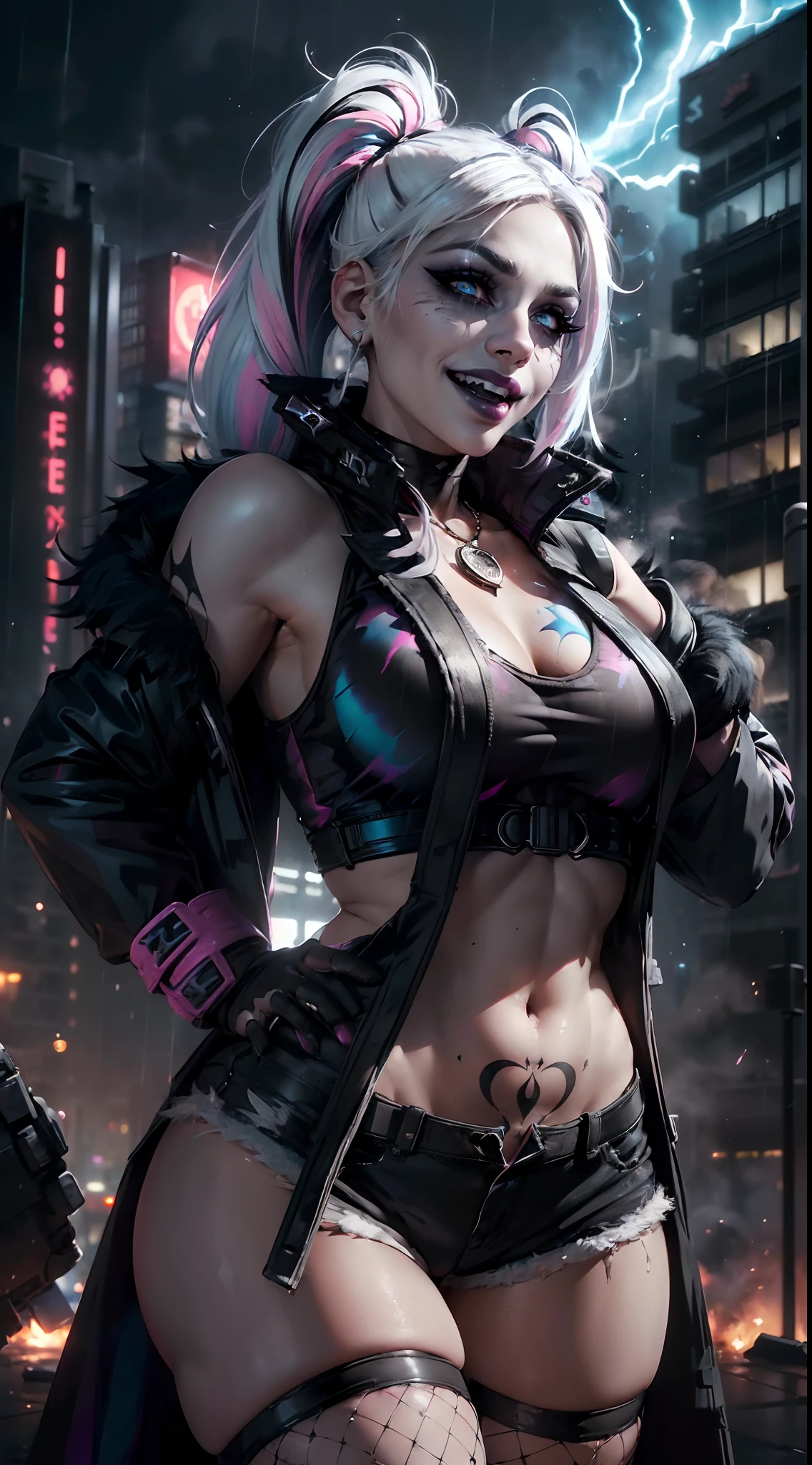 (8k,1080p,realistic skin texture,realistic,masterpiece, best quality,high-res,HDR:1.5), Harley Quinn,((crazy)),ear pendants,necklace,((white skin:1.2)),((tattoos:1.2)),((makeup:1.4)),((evil laughing:1.6)),parted lips,beauty,delicate face,beautiful face,perfect face,shiny skin,long eyelashes,(((smoky eyes,eye-shadow:1.3))),((twintails)),((white hair,blue pink white highlights hair:1.4)),(((black coat:1.6))),((white tank top:1.3,short shorts,fishnet thighs stockings:1.2))),(torn clothes:1.2),clawed hands, bright eyes,((black lipstick:1.5)),gigantic breasts,slim waist,wide hips,bubble butt, ((in the Gotham city,ruined city,high detailed background:1.2)),((explosion everywhere:1.3)),(((warfire everywhere))),Helicopters flying in the sky,bright lighting,bright colors,film filter,alluring,sultry pose,dynamic shot,((dirty on skin)),labret,close-up face,(rain),fierce wind